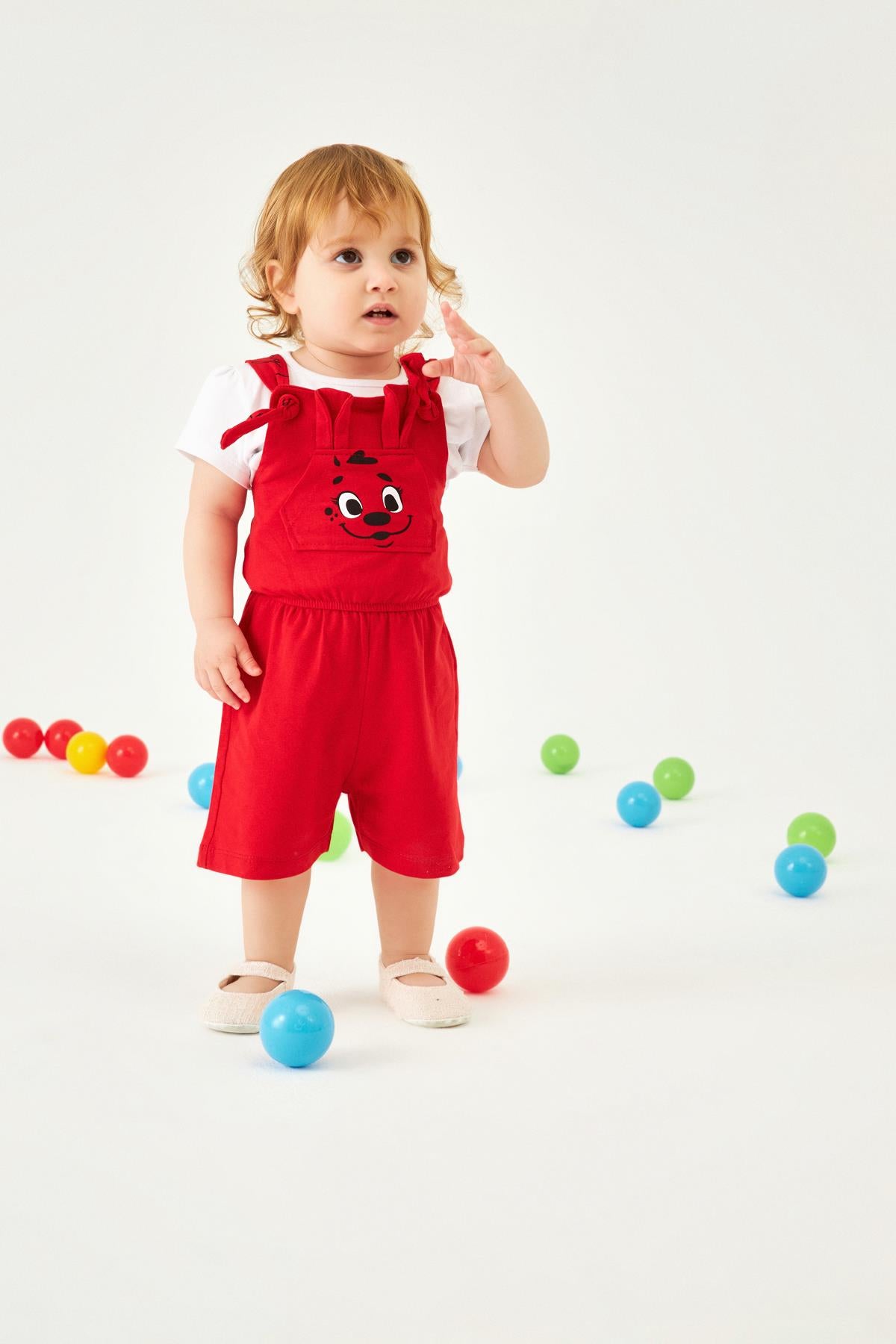 Köpekçik Baskılı Kulaklı Kanguru Cepli Kız Çocuk Tulum Kırmızı - Perendi