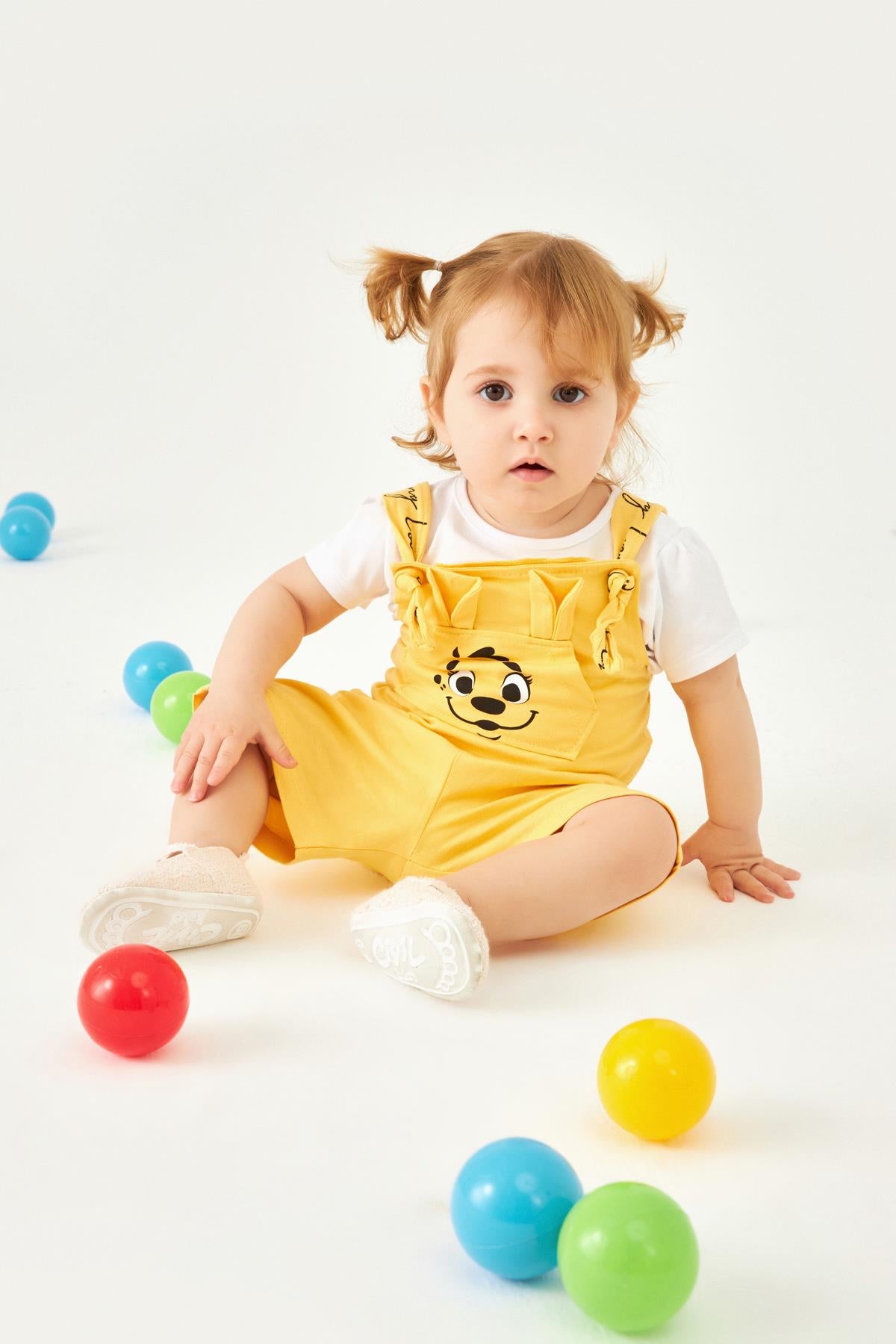 Köpekçik Baskılı Kulaklı Kanguru Cepli Kız Çocuk Tulum Sarı - Perendi