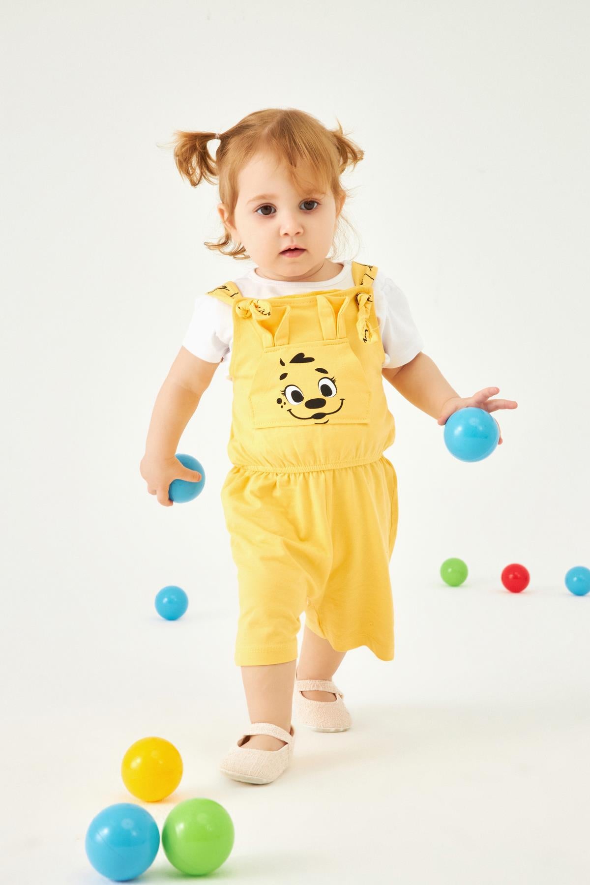 Köpekçik Baskılı Kulaklı Kanguru Cepli Kız Çocuk Tulum Sarı - Perendi