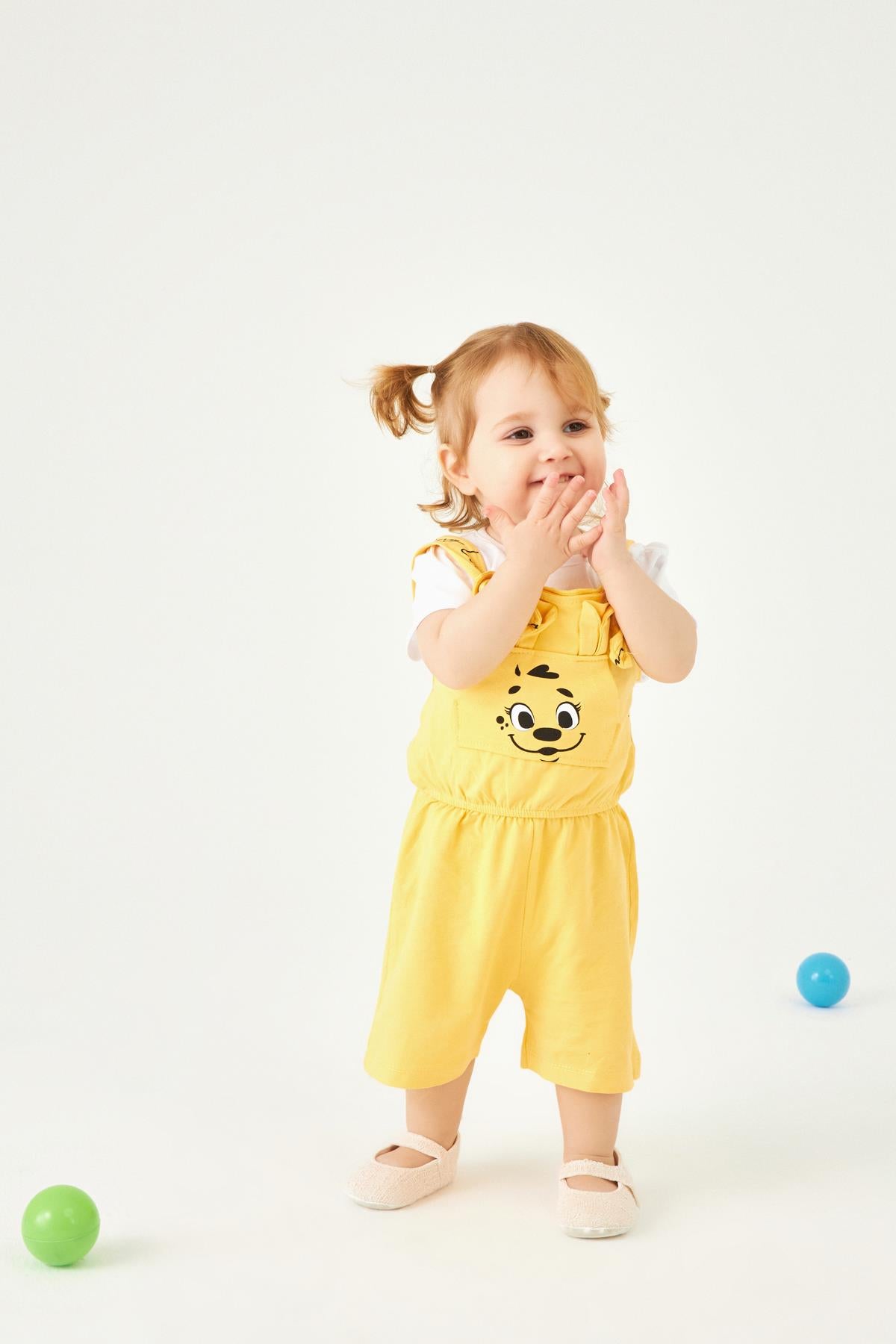 Köpekçik Baskılı Kulaklı Kanguru Cepli Kız Çocuk Tulum Sarı - Perendi