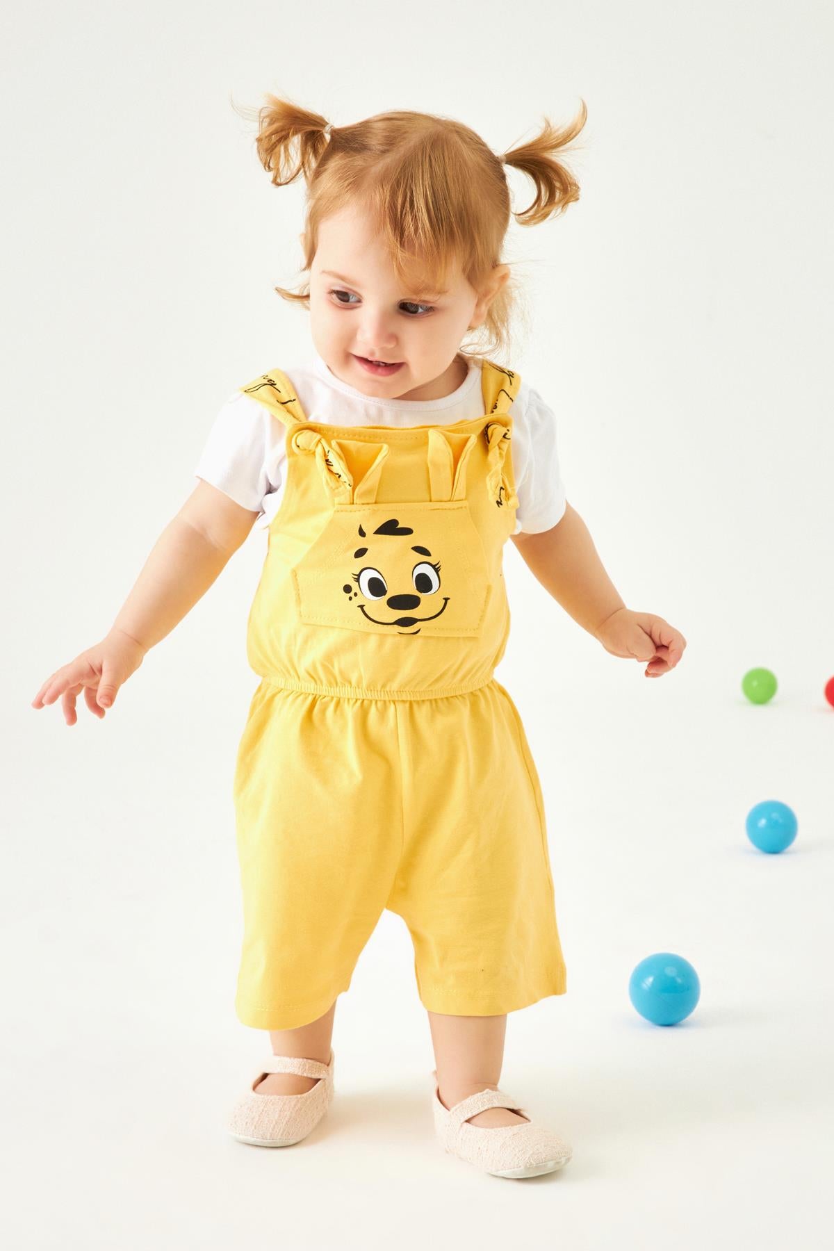 Köpekçik Baskılı Kulaklı Kanguru Cepli Kız Çocuk Tulum Sarı - Perendi