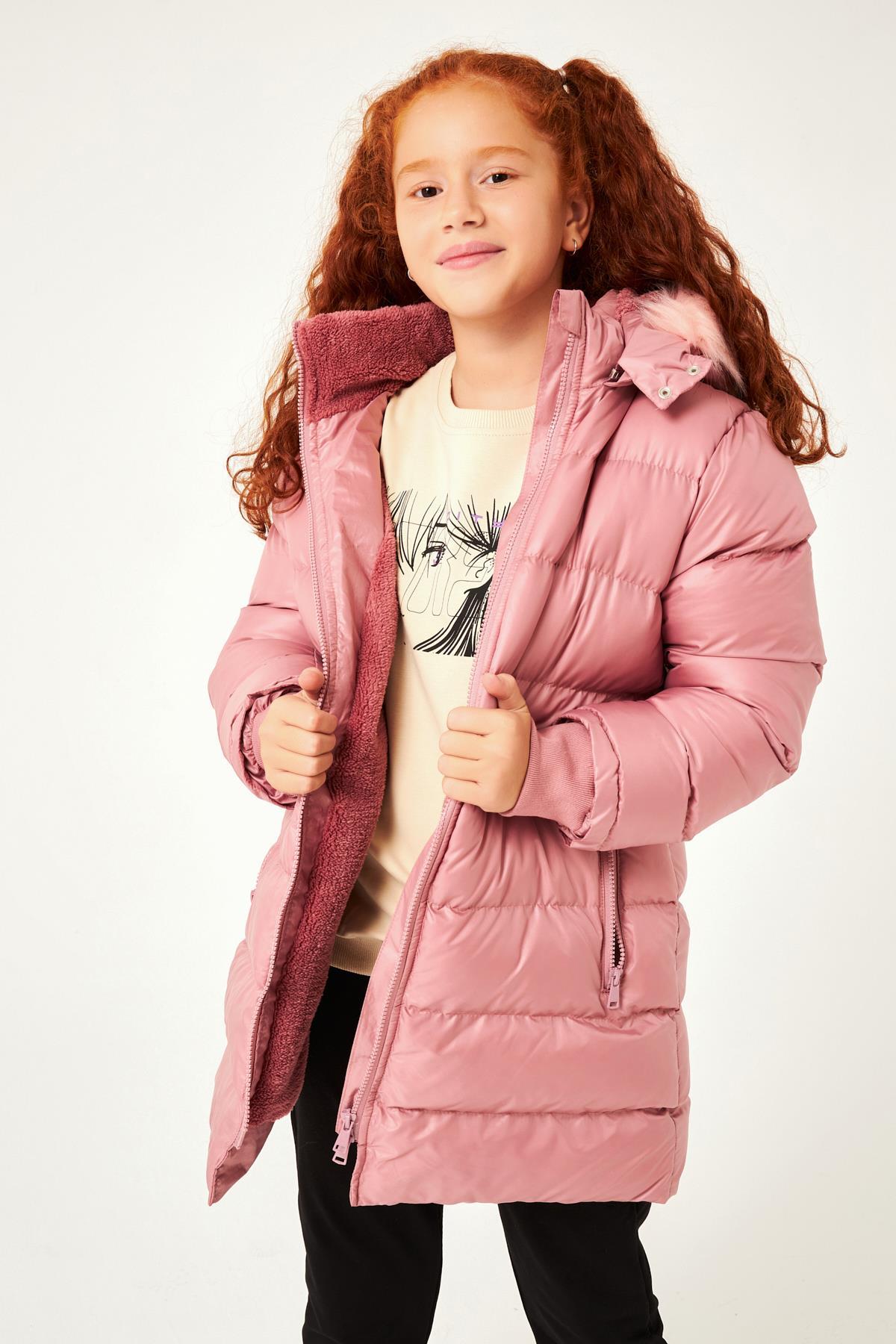 Kürk Kapüşonlu Kız Çocuk Mont