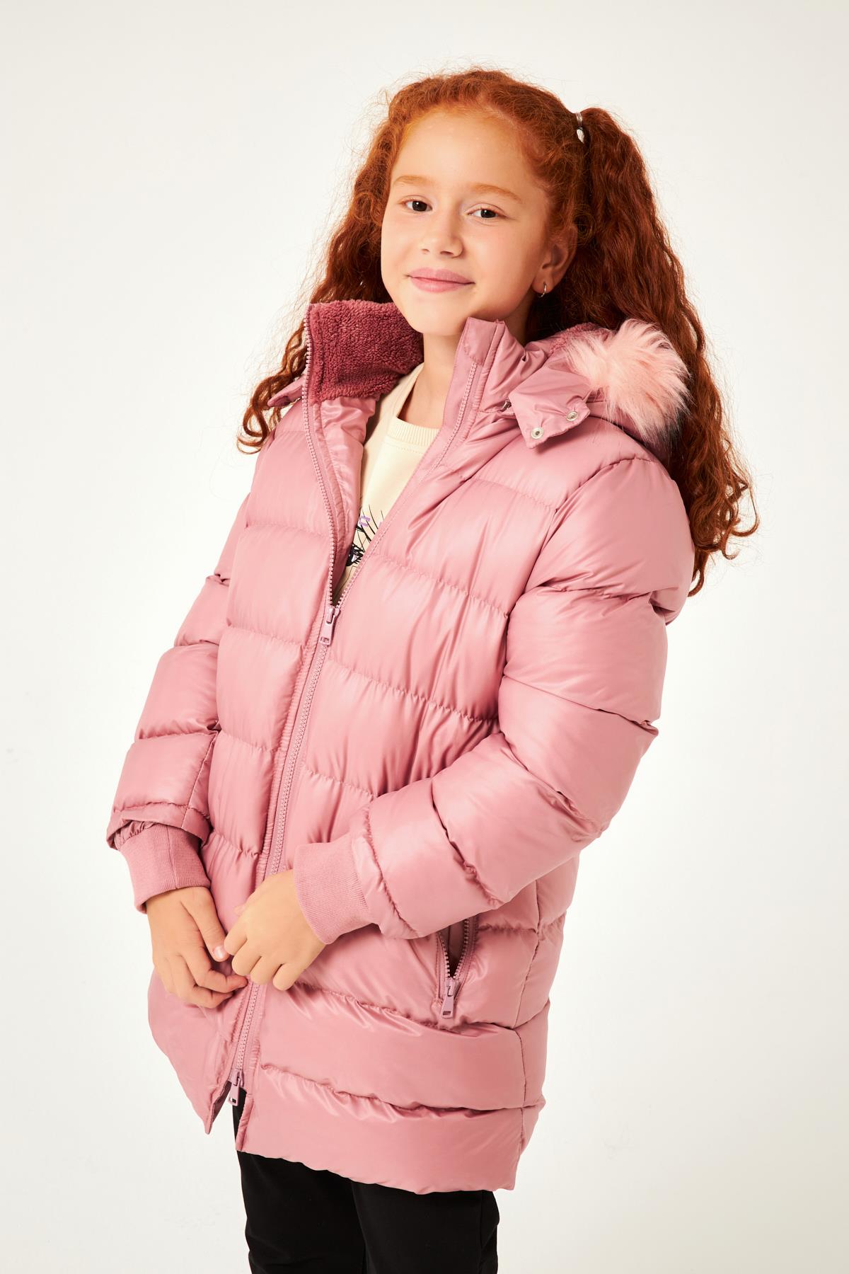 Kürk Kapüşonlu Kız Çocuk Mont Gül Kurusu - Perendi