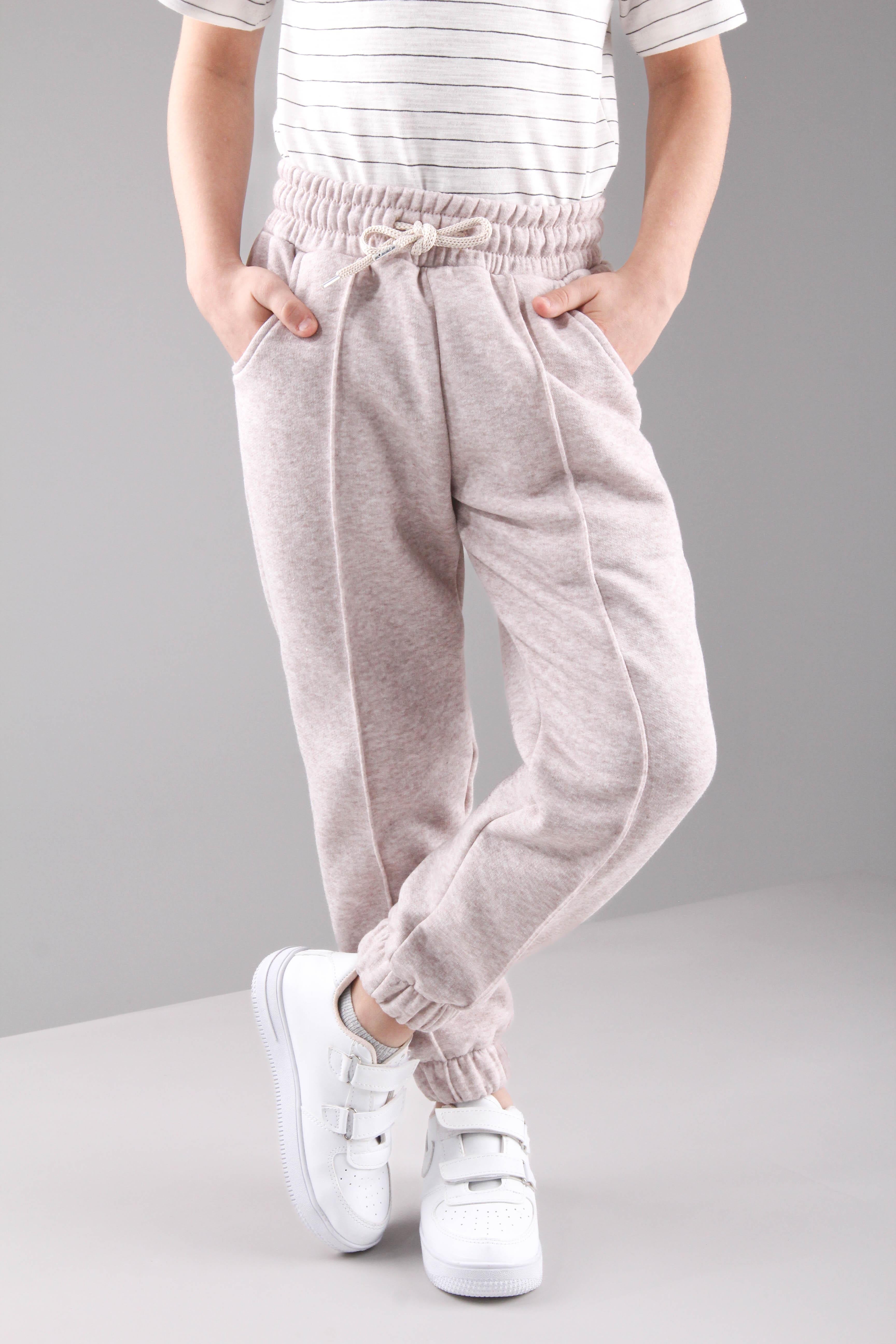 Lastikli İçi Polarlı Cepli Rahat Unisex Çocuk Eşofman Altı Bej - Perendi