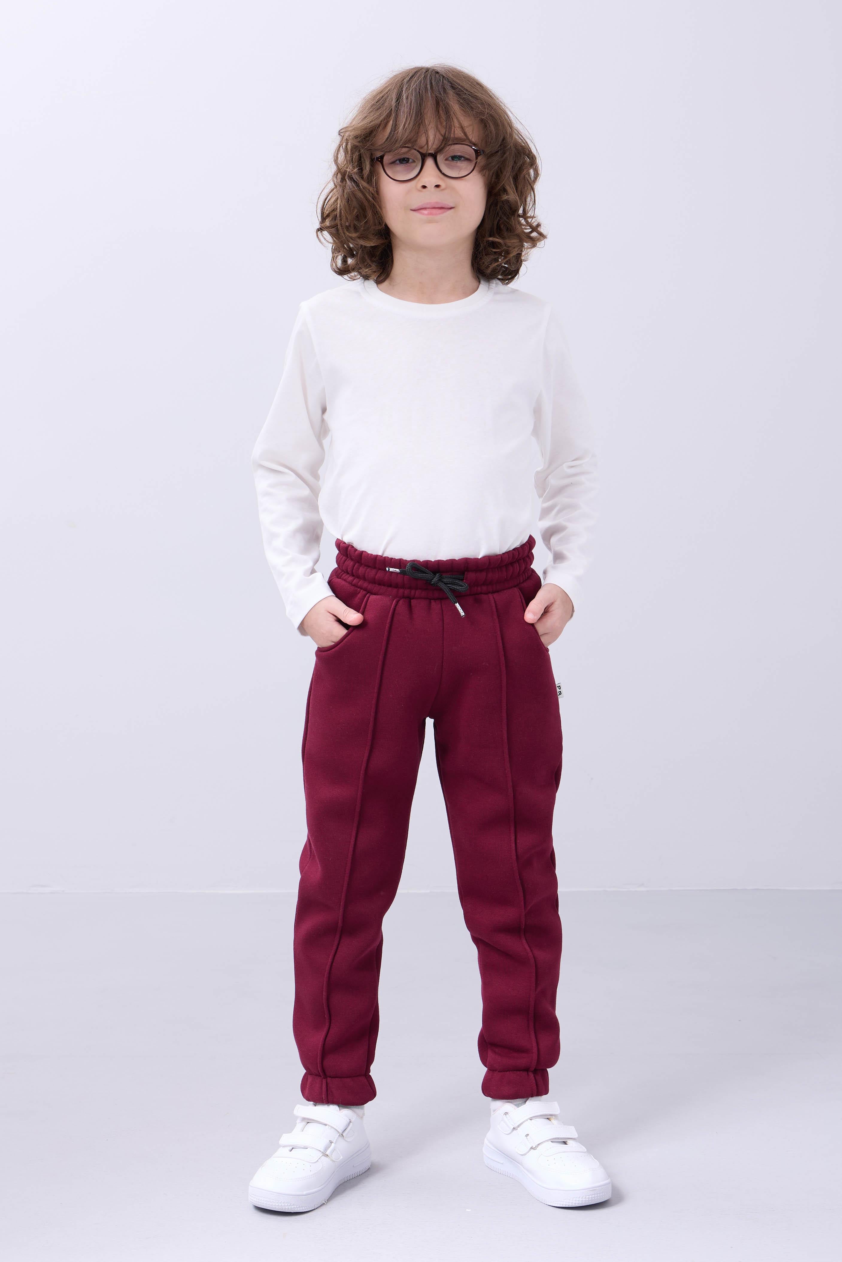 Lastikli İçi Polarlı Cepli Rahat Unisex Çocuk Eşofman Altı Bordo