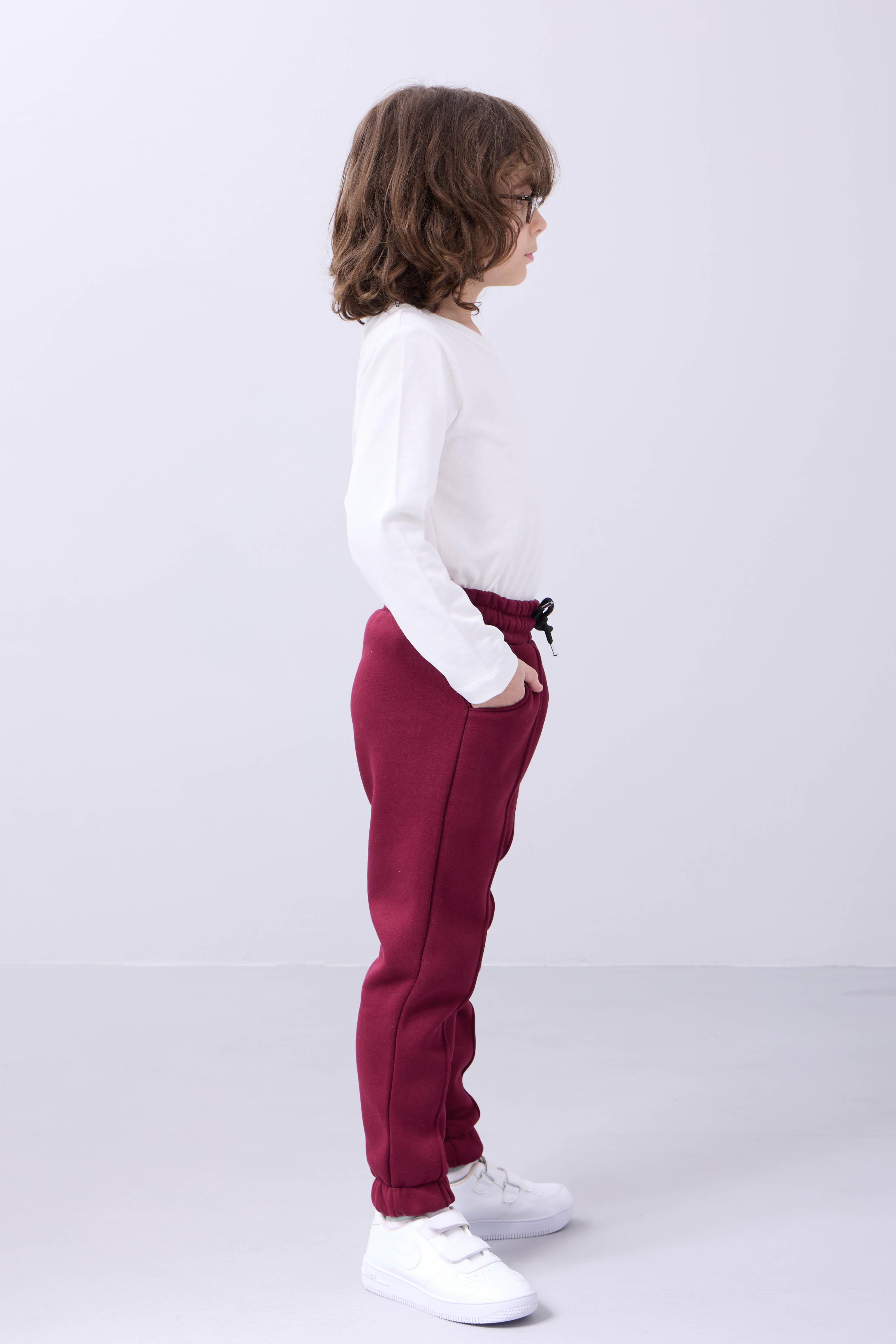 Lastikli İçi Polarlı Cepli Rahat Unisex Çocuk Eşofman Altı Bordo