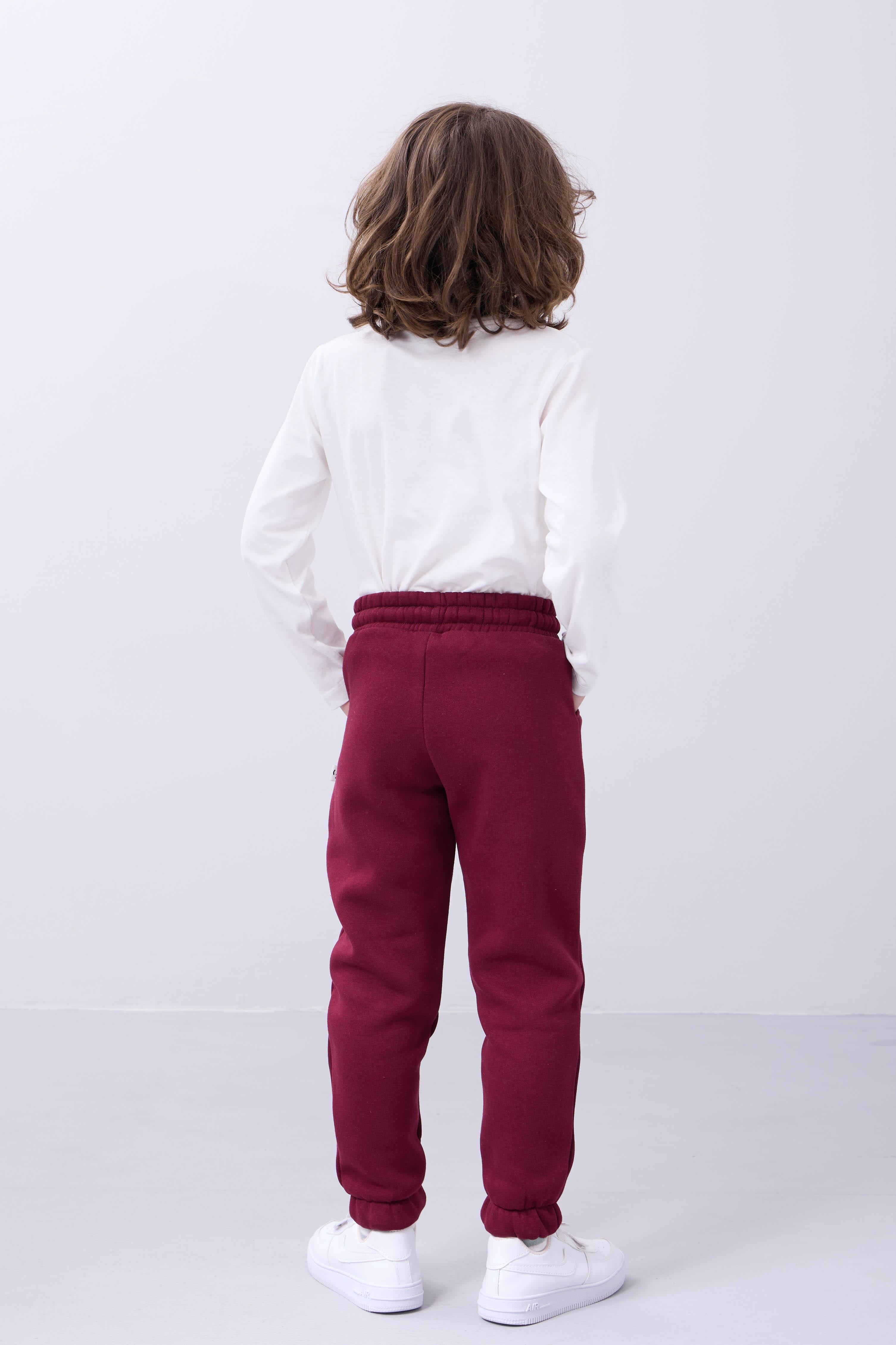 Lastikli İçi Polarlı Cepli Rahat Unisex Çocuk Eşofman Altı Bordo