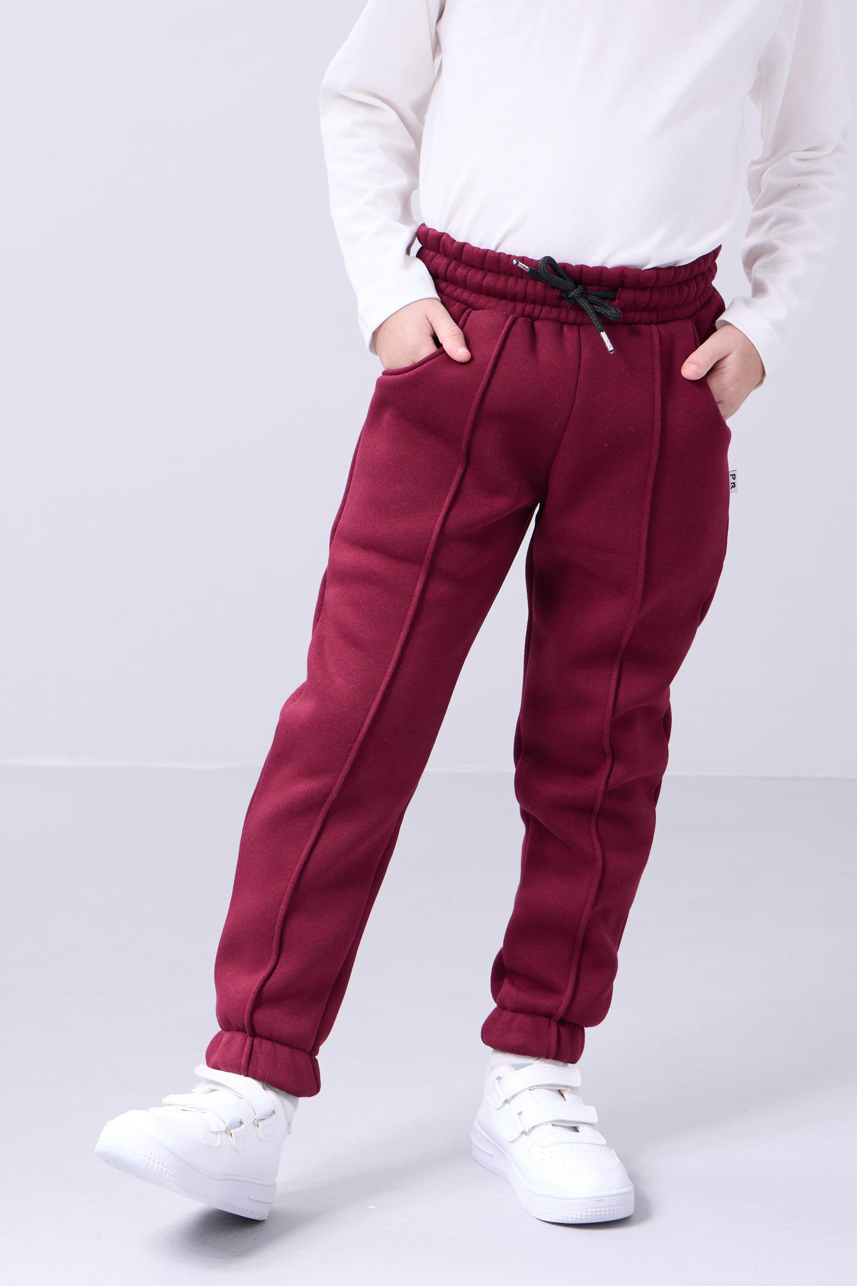 Lastikli İçi Polarlı Cepli Rahat Unisex Çocuk Eşofman Altı Bordo