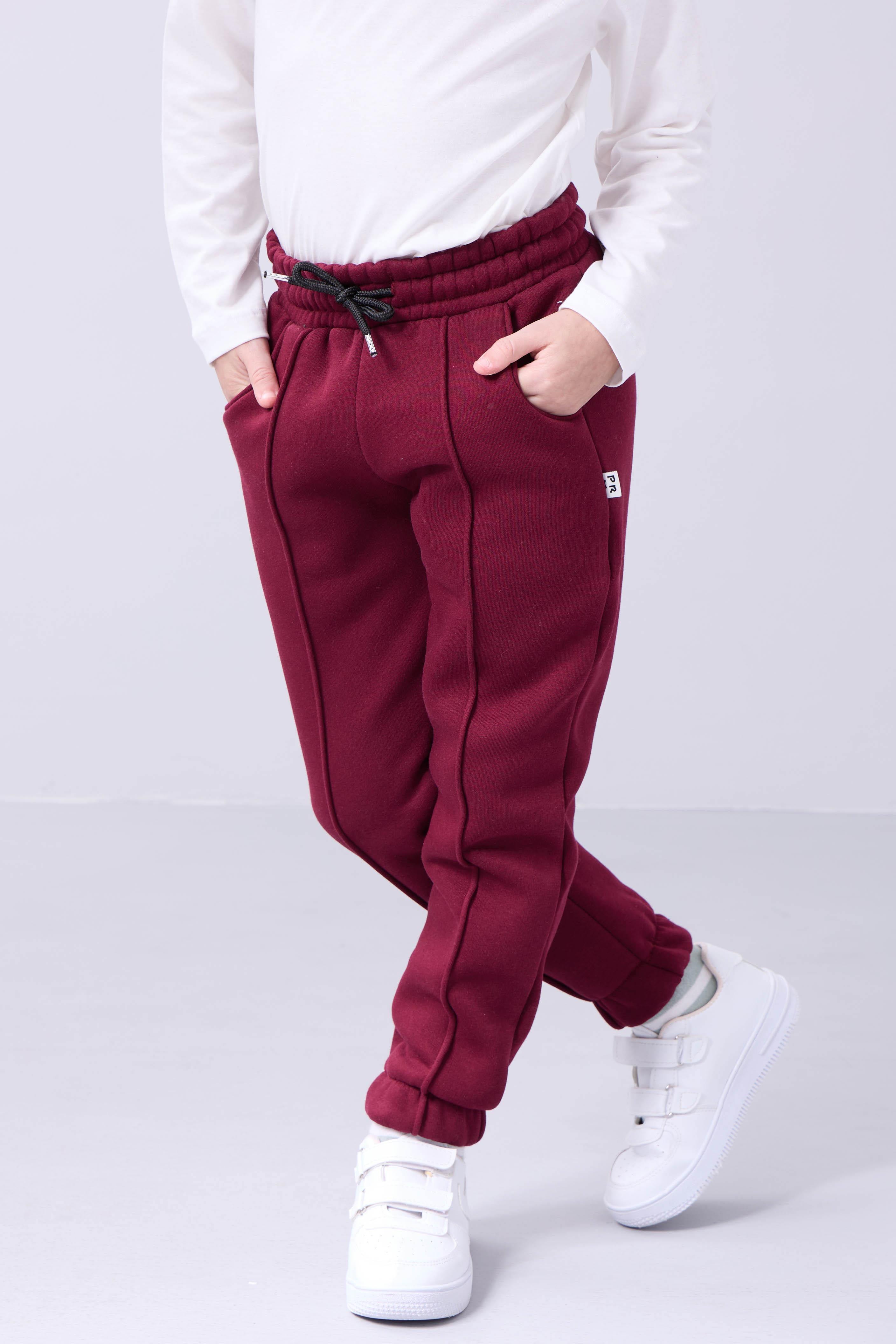 Lastikli İçi Polarlı Cepli Rahat Unisex Çocuk Eşofman Altı Bordo