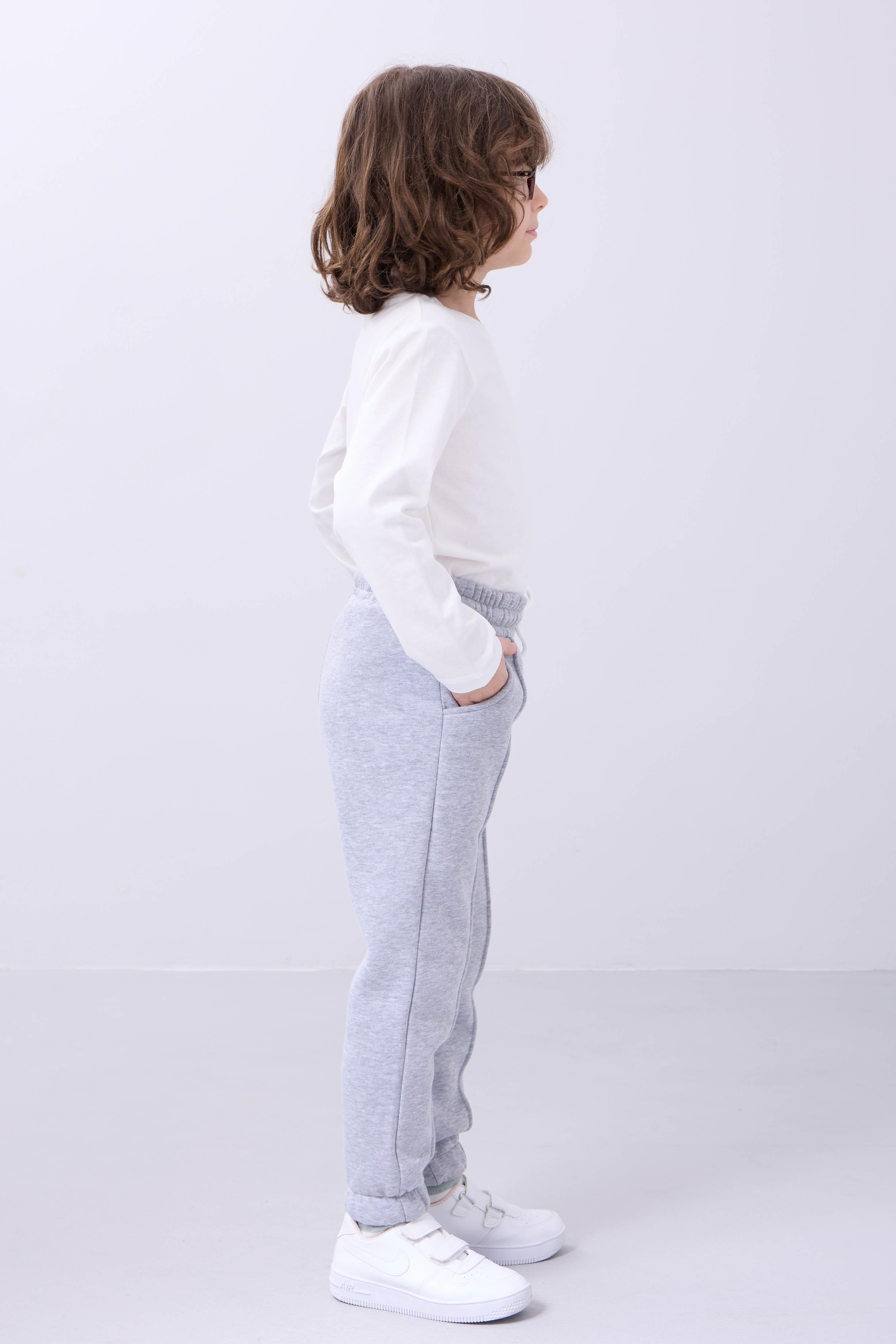 Lastikli İçi Polarlı Cepli Rahat Unisex Çocuk Eşofman Altı Gri
