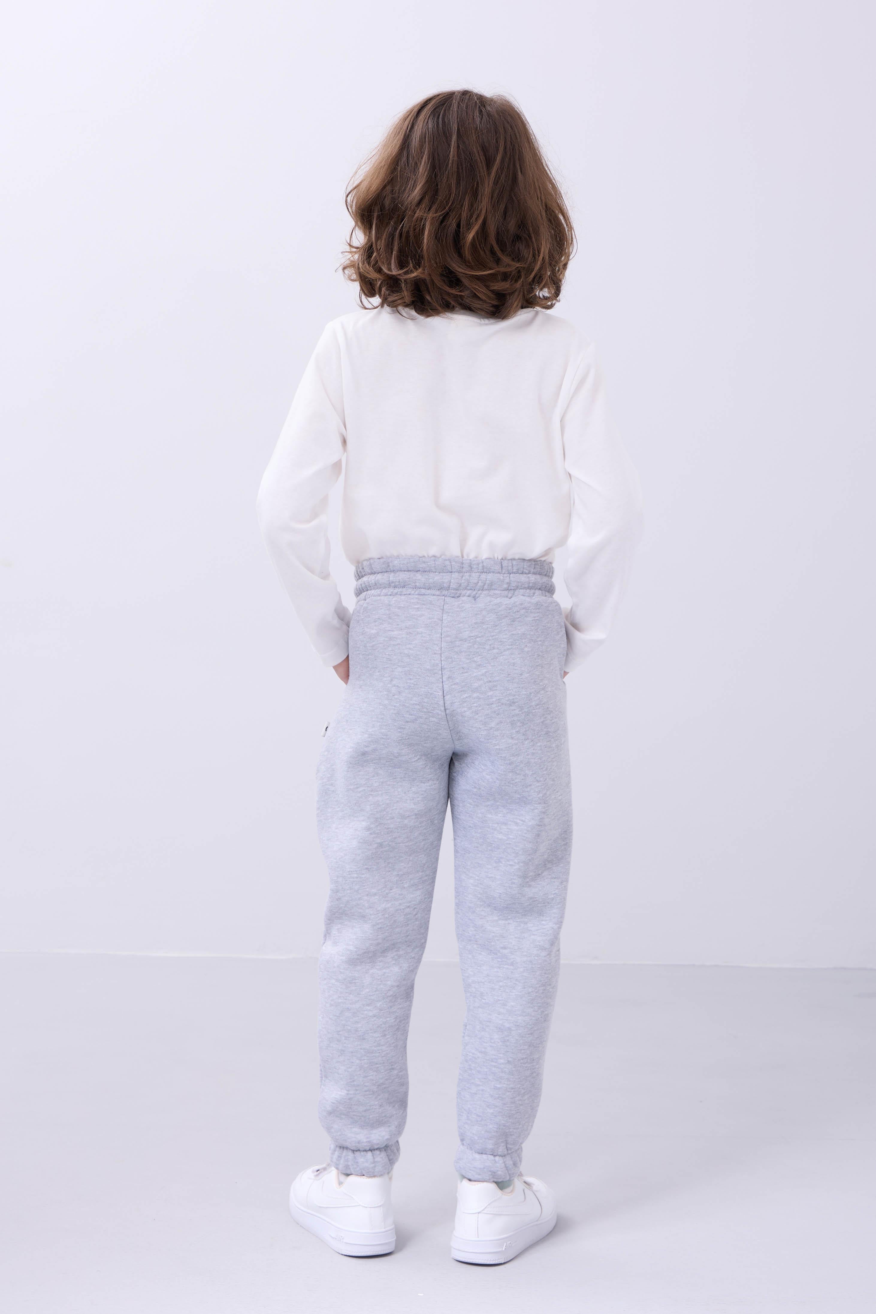 Lastikli İçi Polarlı Cepli Rahat Unisex Çocuk Eşofman Altı Gri