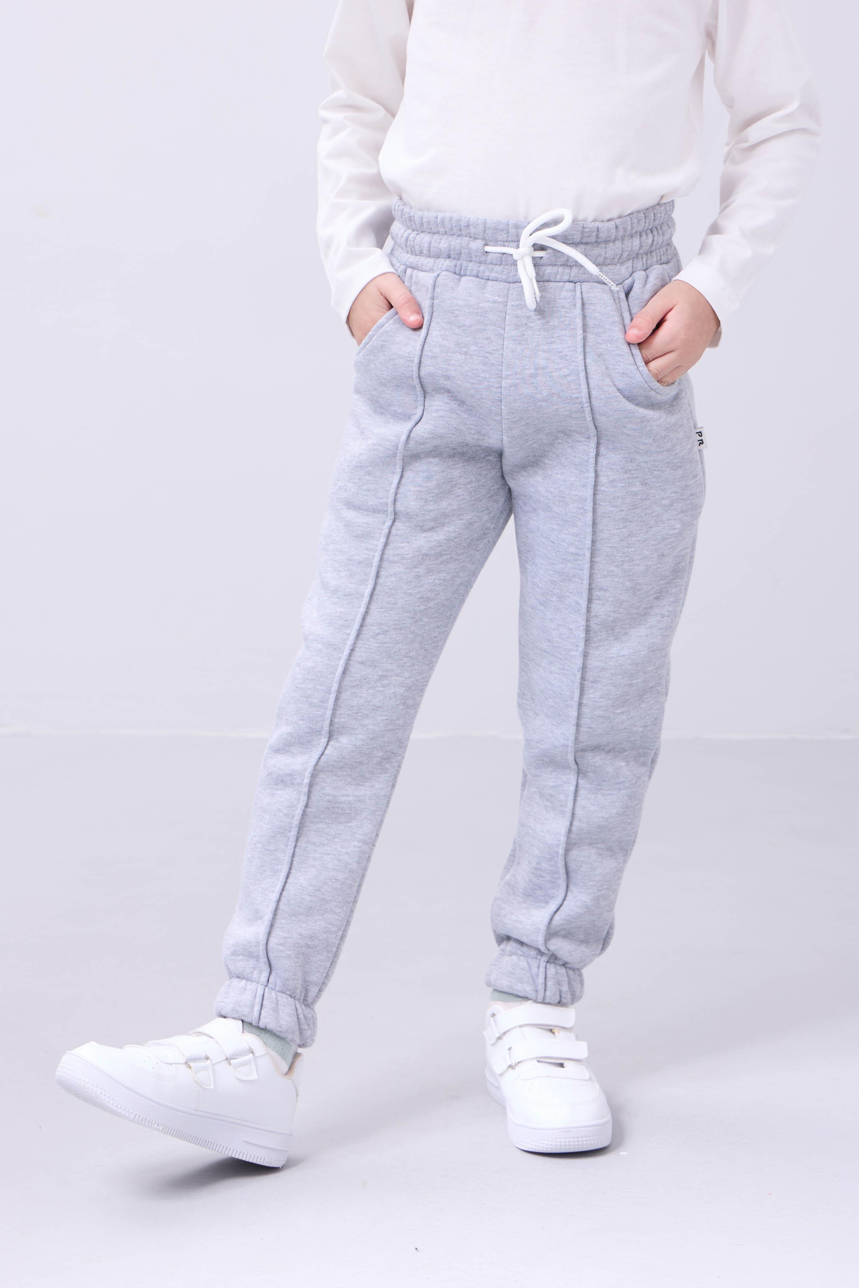 Lastikli İçi Polarlı Cepli Rahat Unisex Çocuk Eşofman Altı Gri