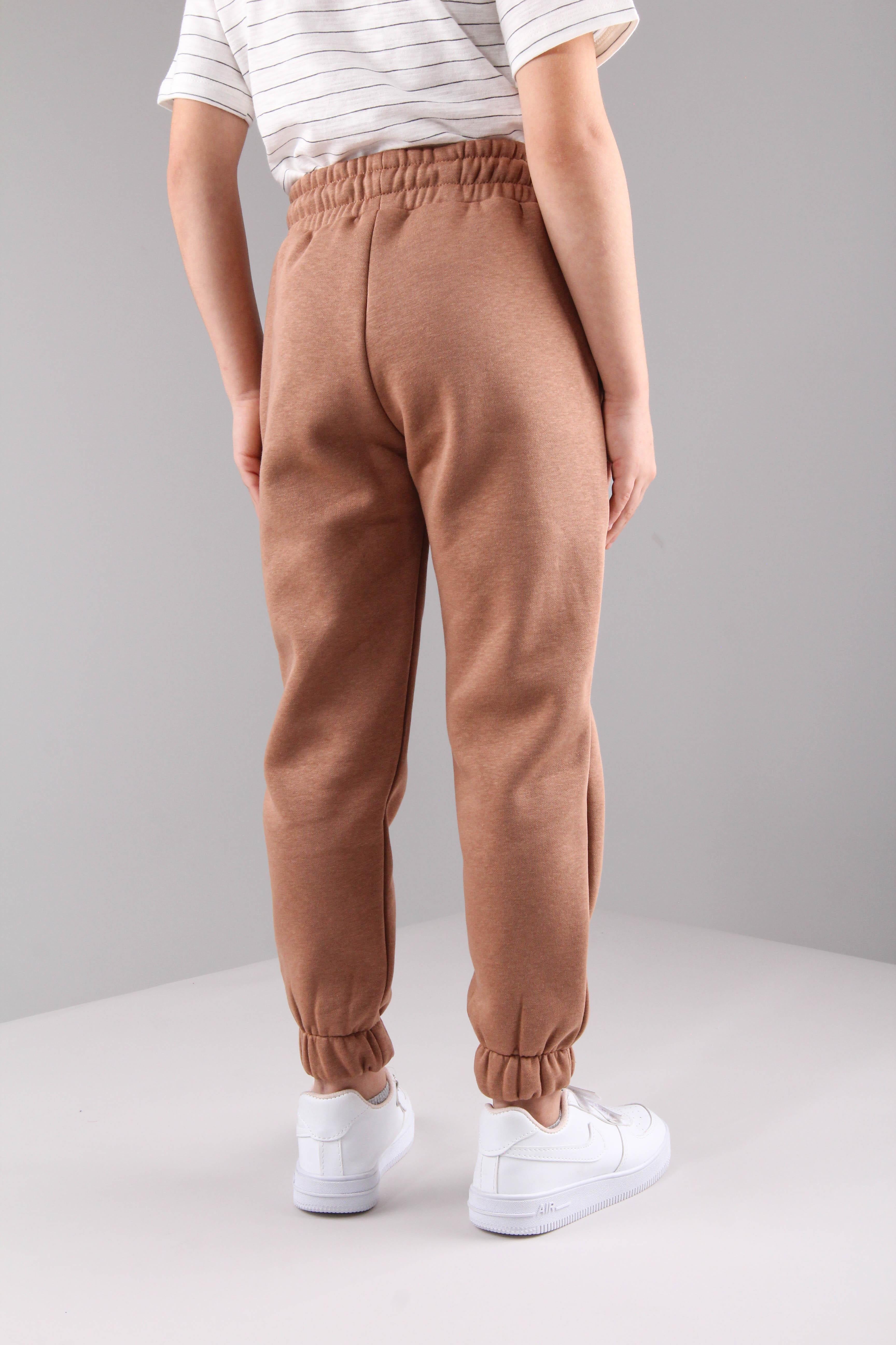 Lastikli İçi Polarlı Cepli Rahat Unisex Çocuk Eşofman Altı Kahverengi - Perendi