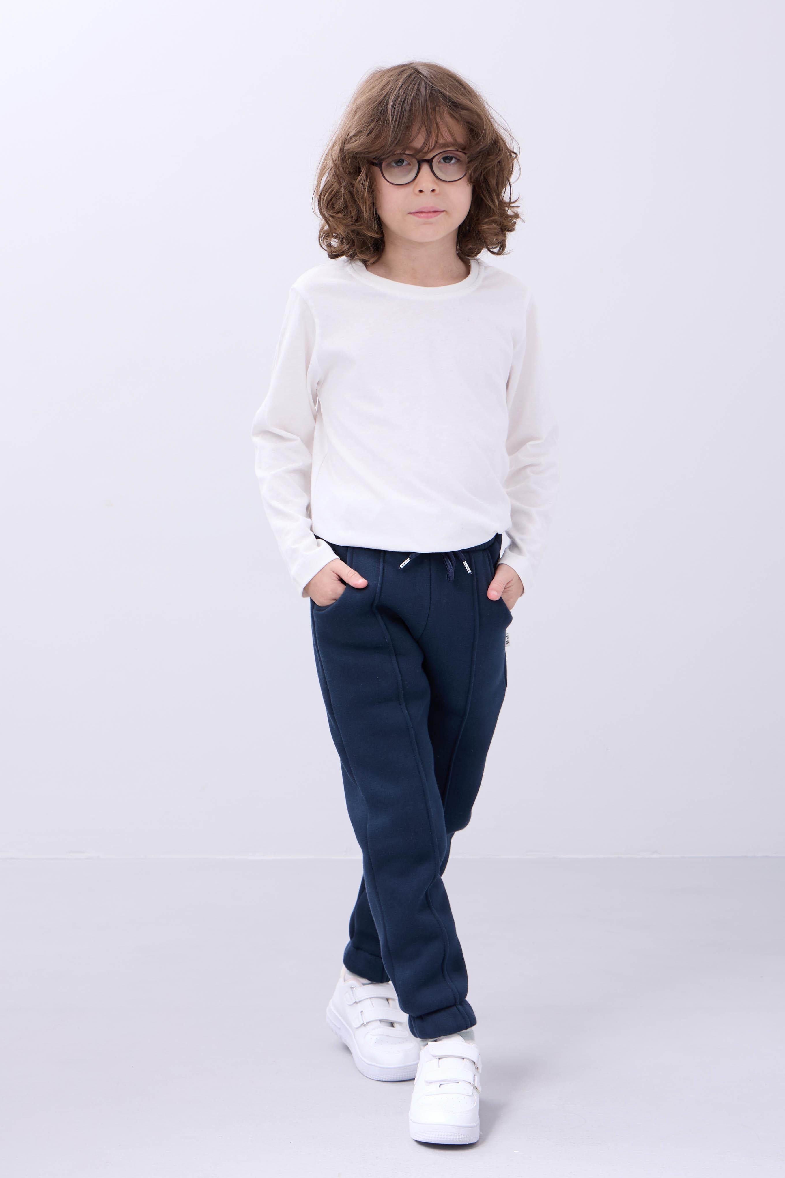 Lastikli İçi Polarlı Cepli Rahat Unisex Çocuk Eşofman Altı Lacivert