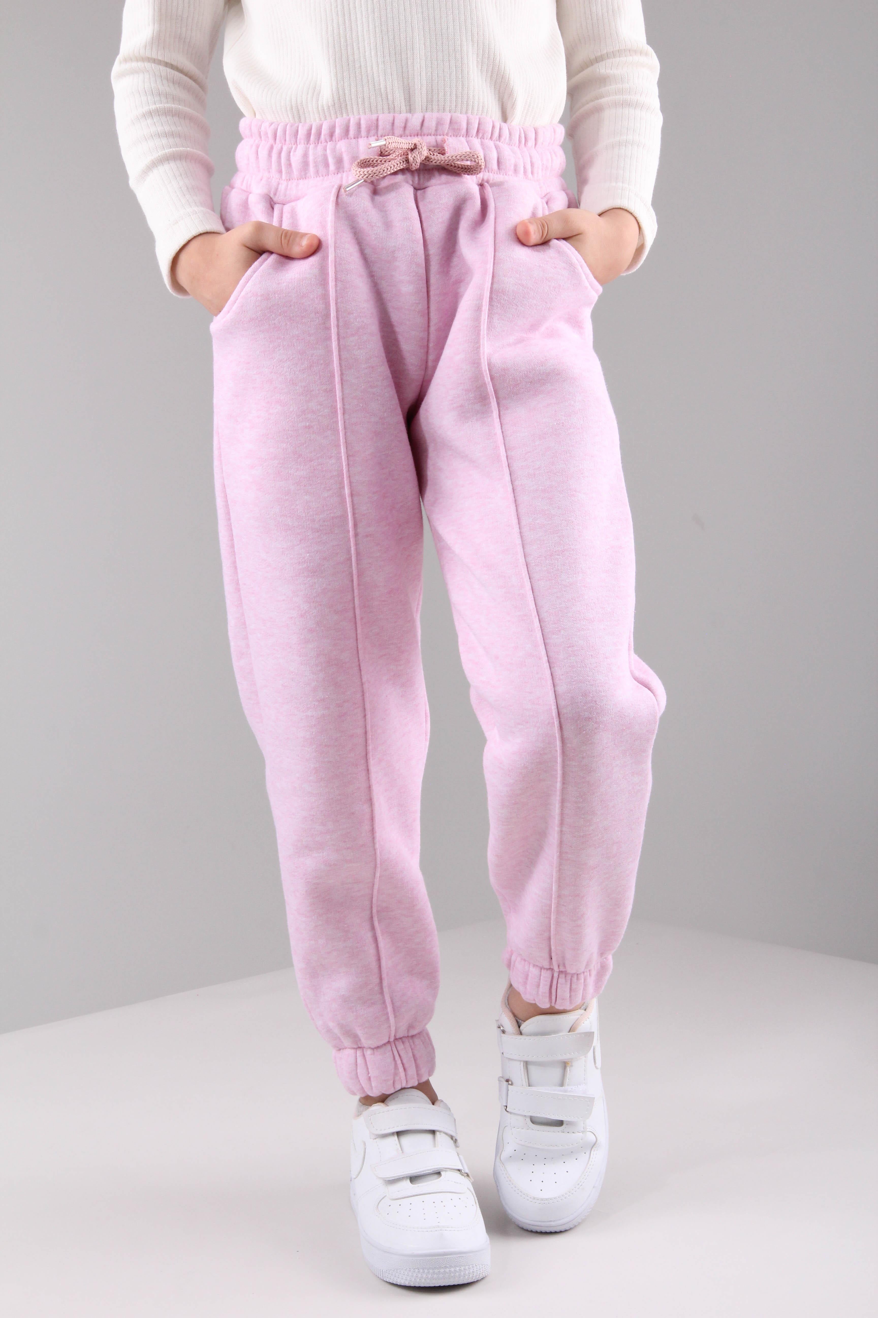 Lastikli İçi Polarlı Cepli Rahat Unisex Çocuk Eşofman Altı Pembe - Perendi