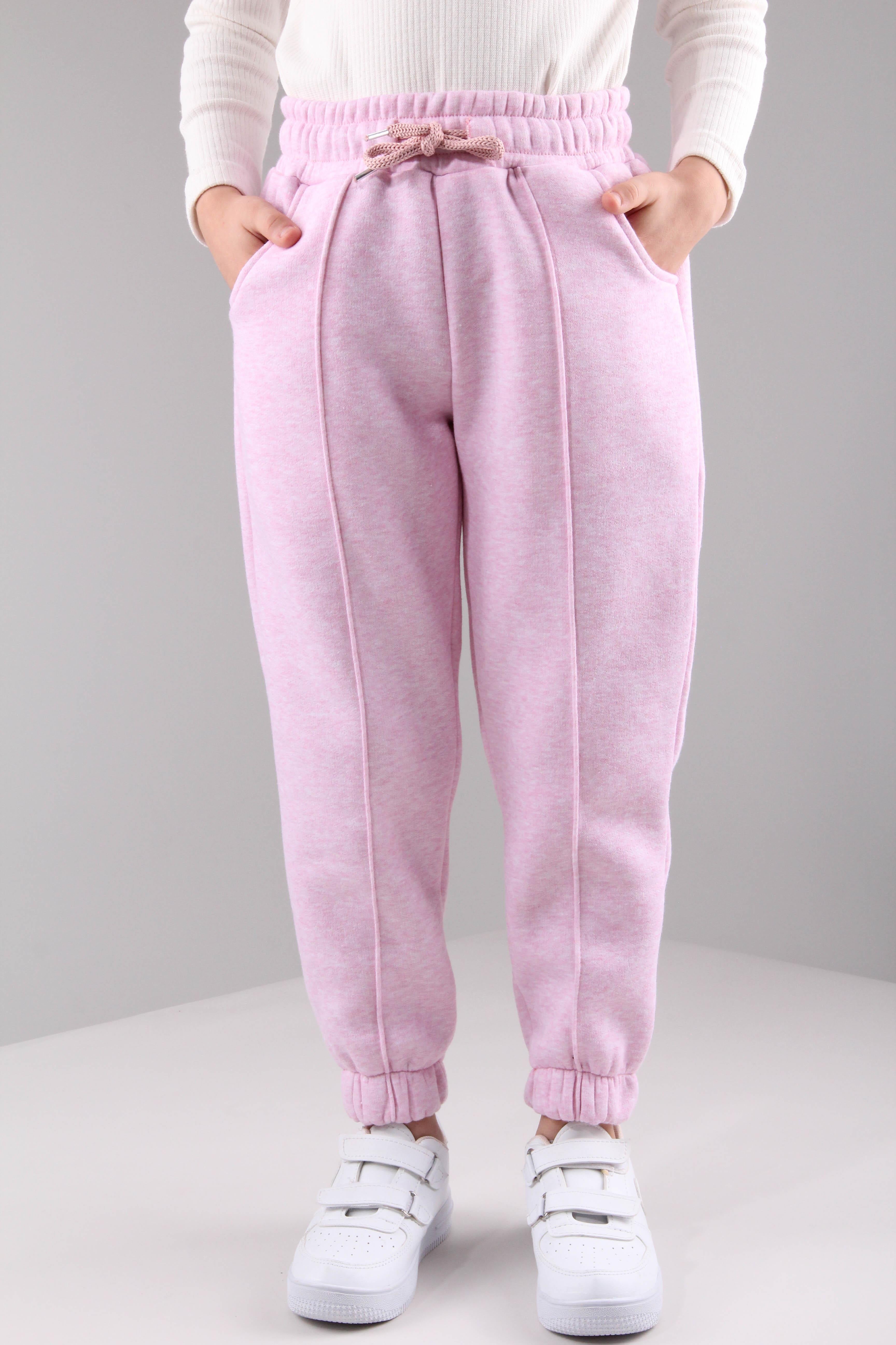 Lastikli İçi Polarlı Cepli Rahat Unisex Çocuk Eşofman Altı Pembe - Perendi
