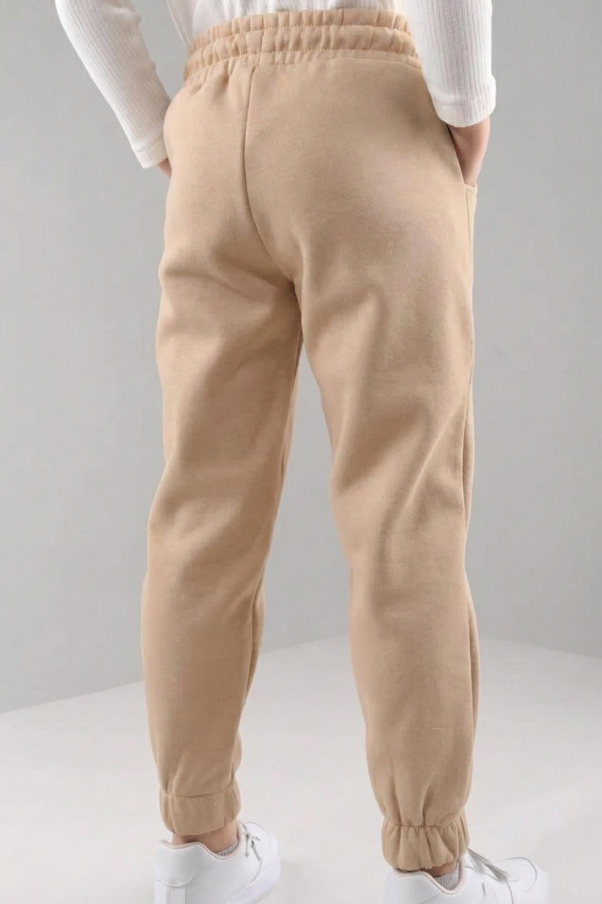 Lastikli İçi Polarlı Cepli Rahat Unisex Çocuk Eşofman Altı Taş