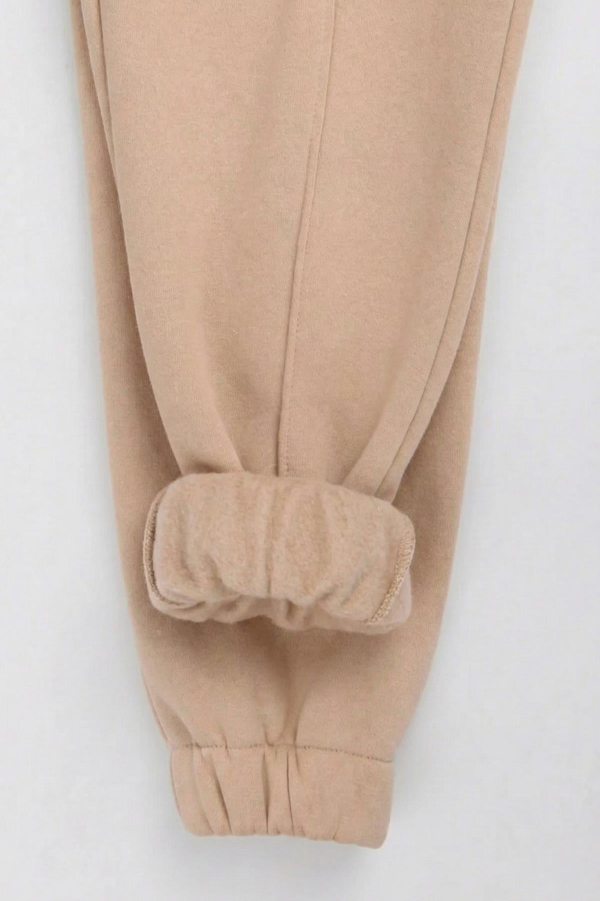 Lastikli İçi Polarlı Cepli Rahat Unisex Çocuk Eşofman Altı Taş