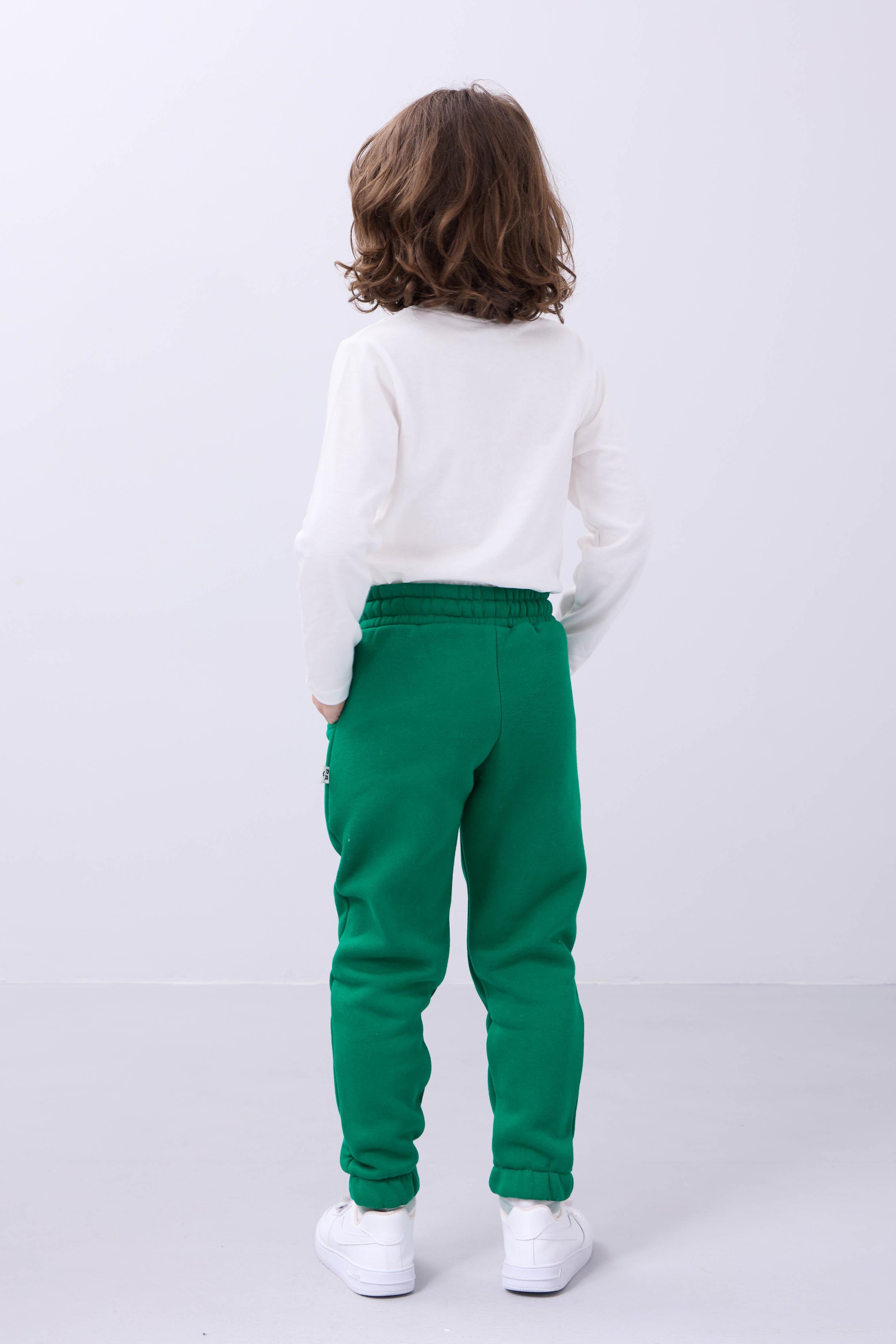 Lastikli İçi Polarlı Cepli Rahat Unisex Çocuk Eşofman Altı Yeşil