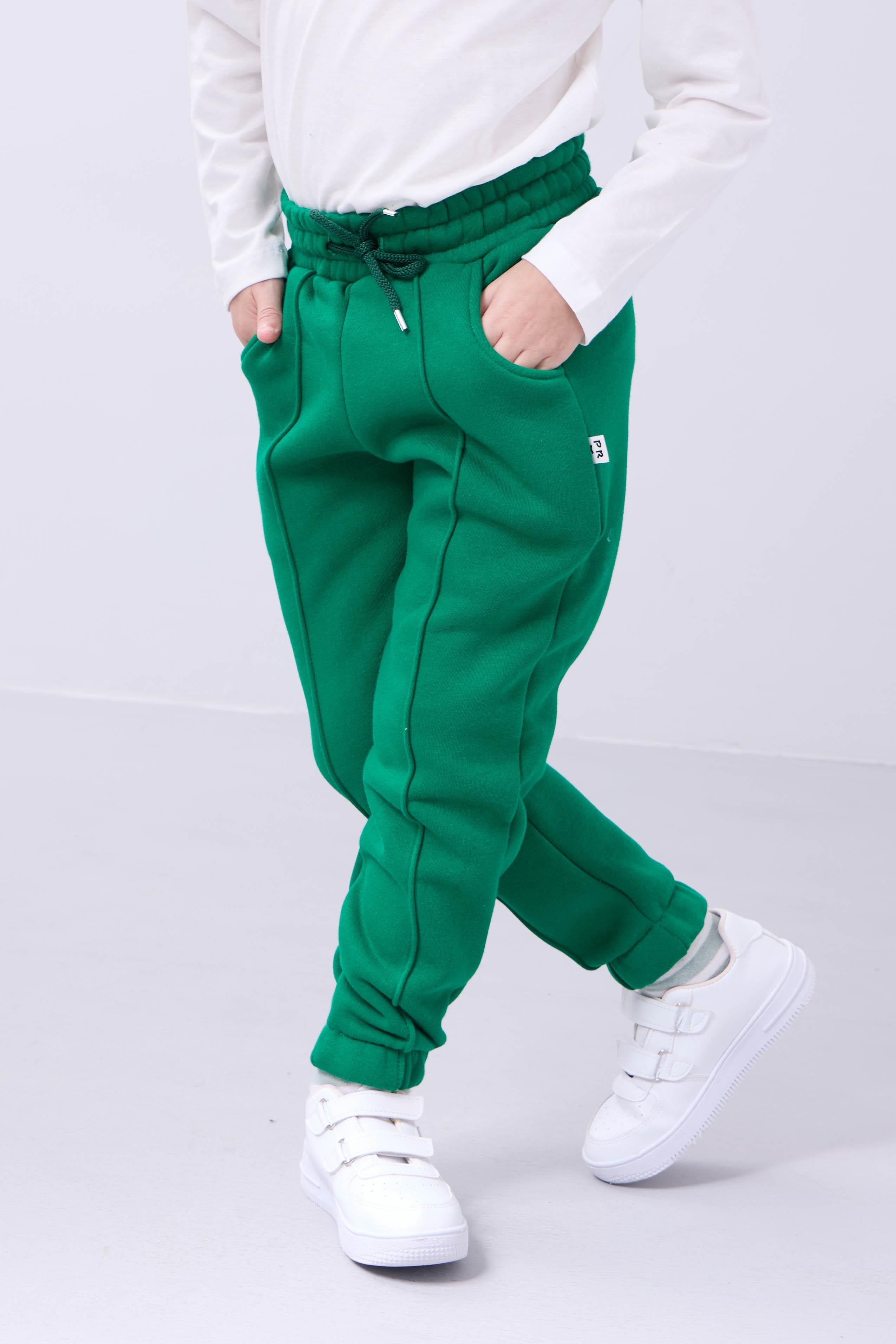Lastikli İçi Polarlı Cepli Rahat Unisex Çocuk Eşofman Altı Yeşil