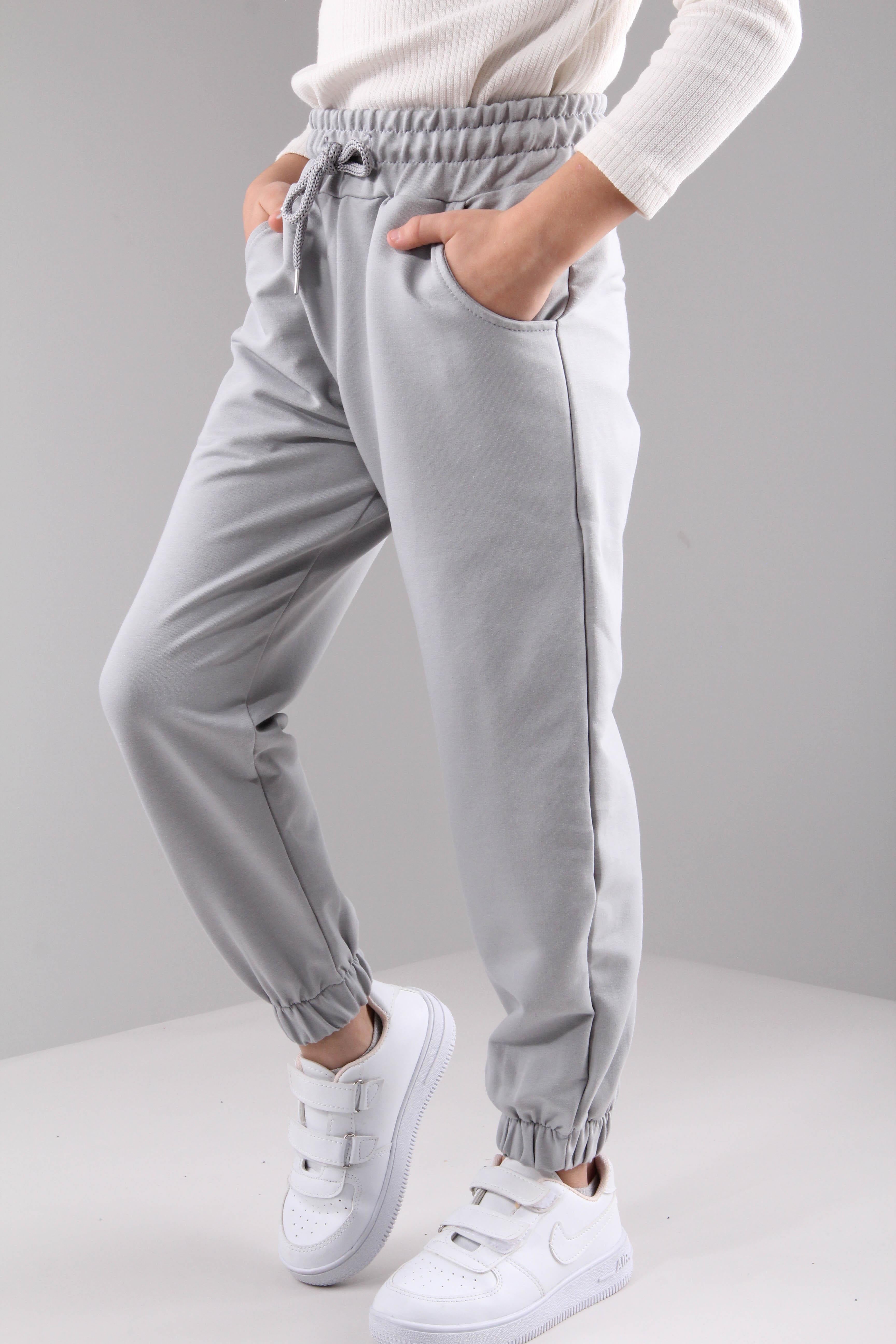 Lastikli Rahat Kesim Cepli Erkek ve Kız Çocuk Unisex Eşofman Altı Gri - Perendi