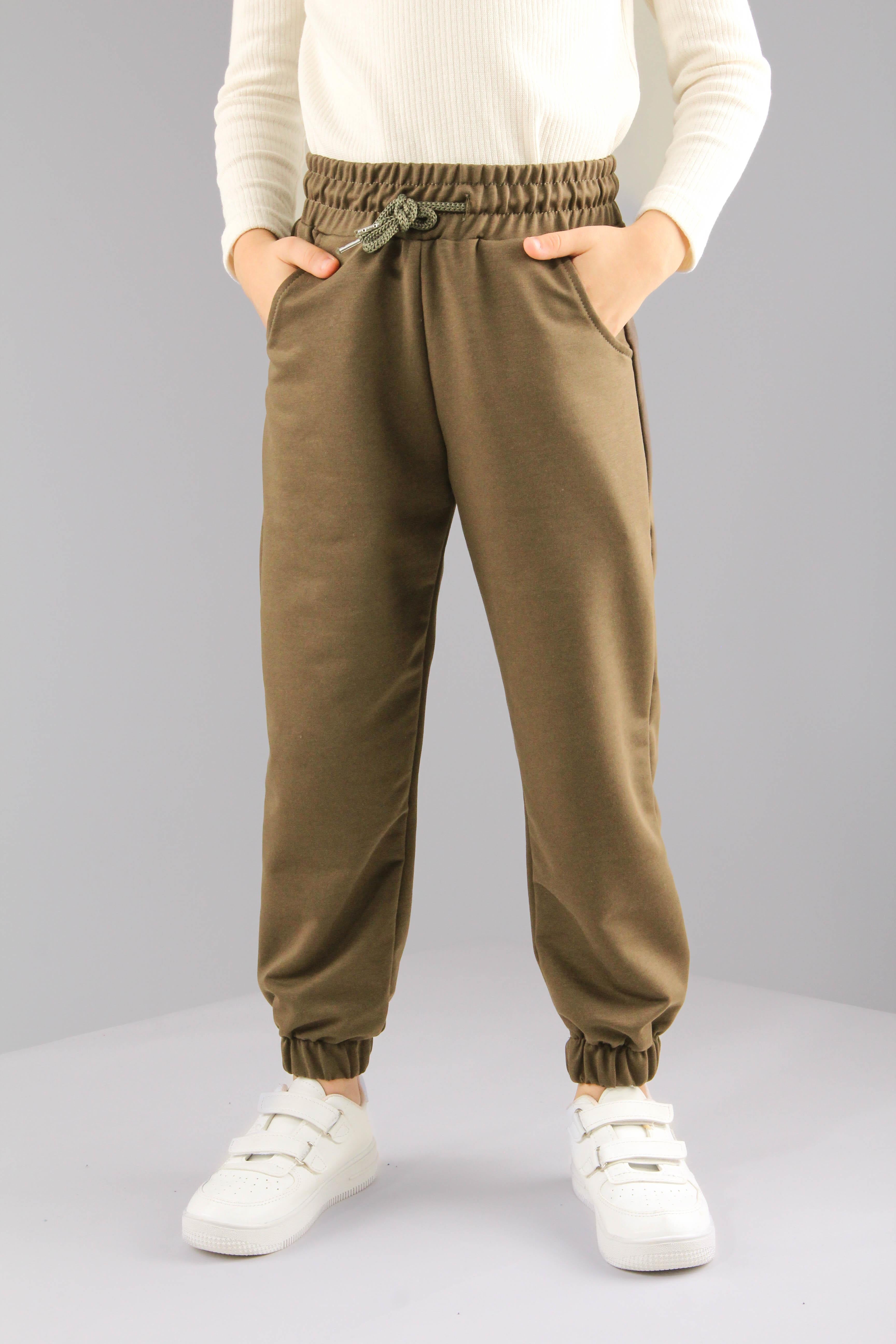 Lastikli Rahat Kesim Cepli Erkek ve Kız Çocuk Unisex Eşofman Altı Haki - Perendi