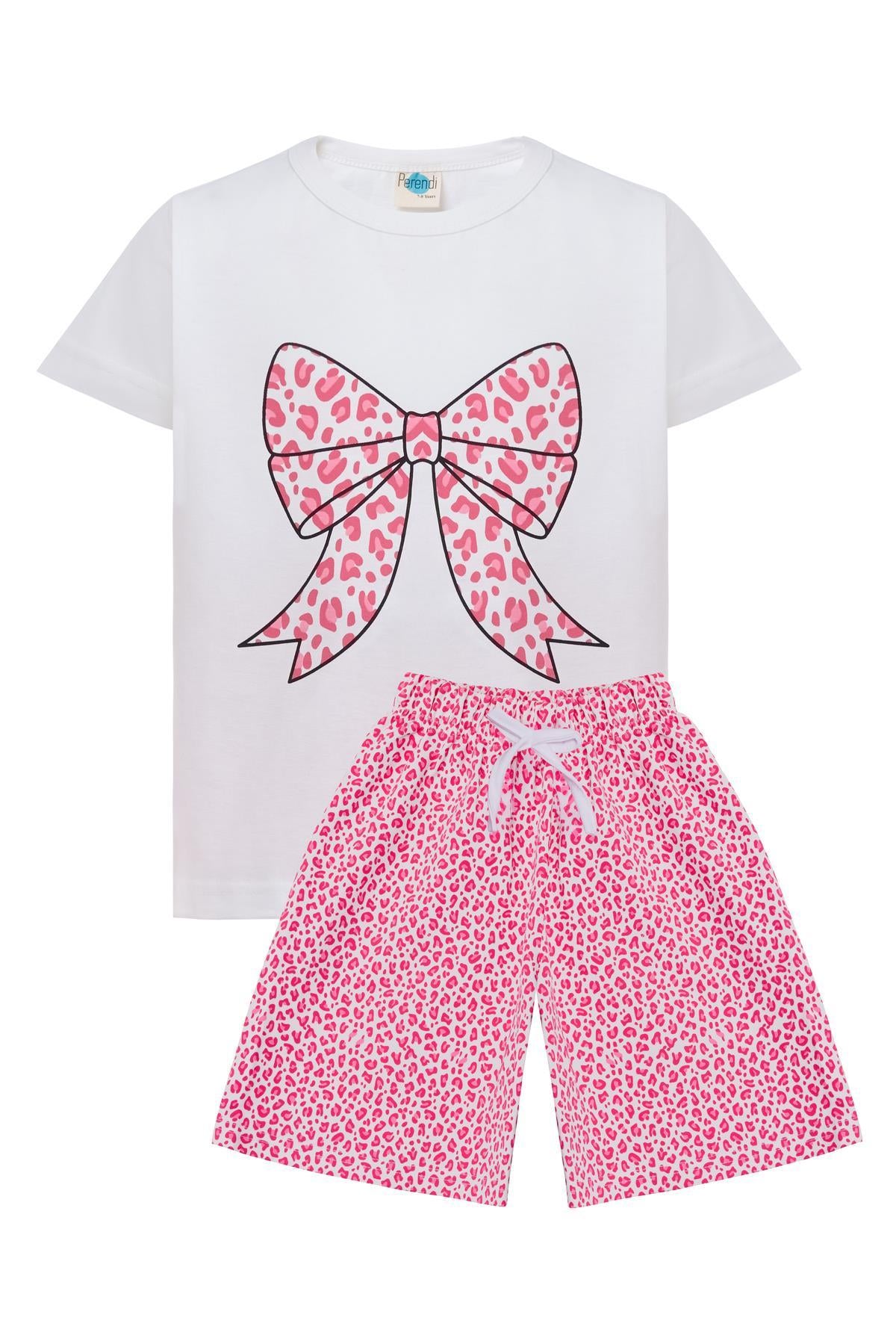 Kız Çocuk Leopar Desenli Fiyonk Baskılı Şortlu Takım