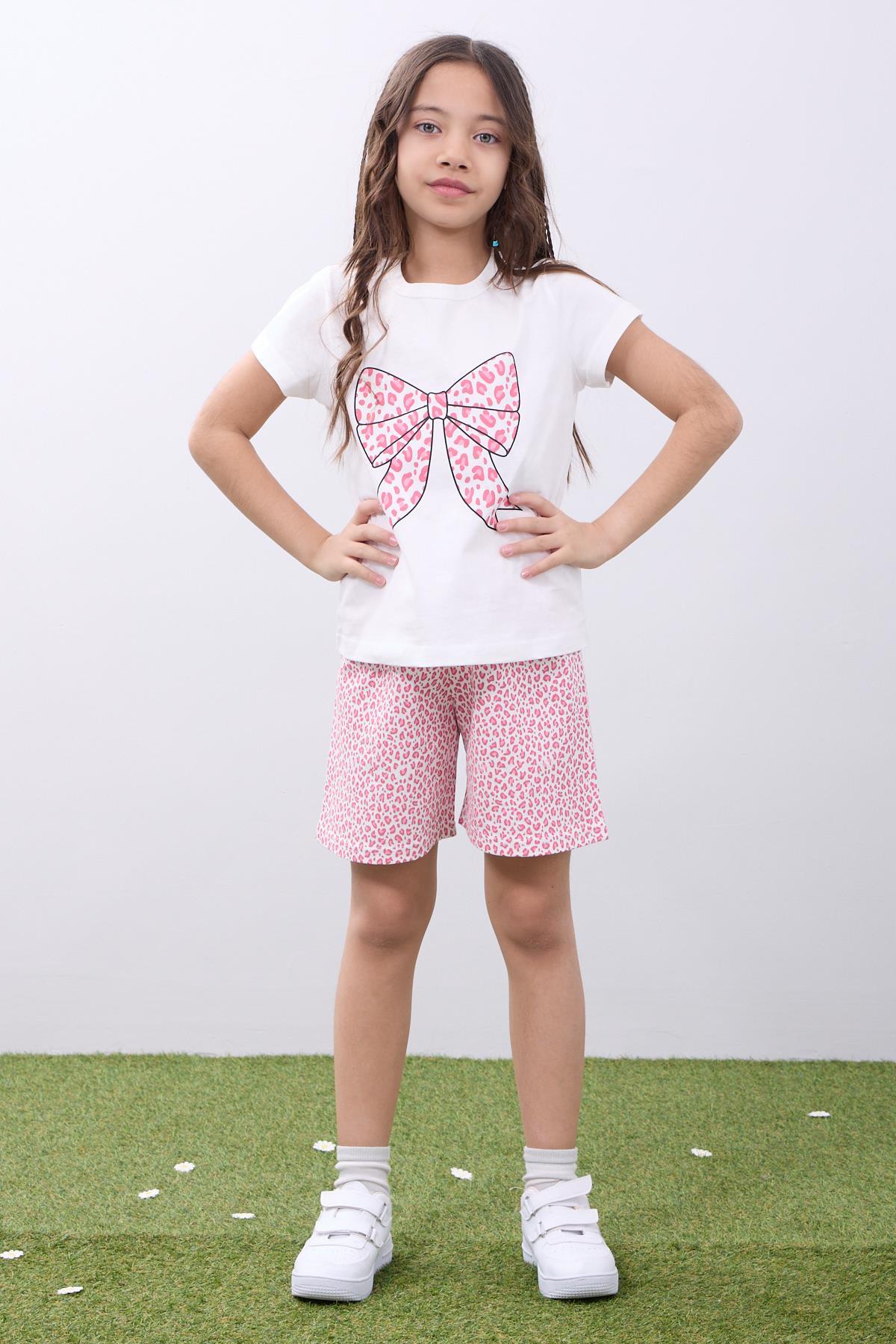 Kız Çocuk Leopar Desenli Fiyonk Baskılı Şortlu Takım