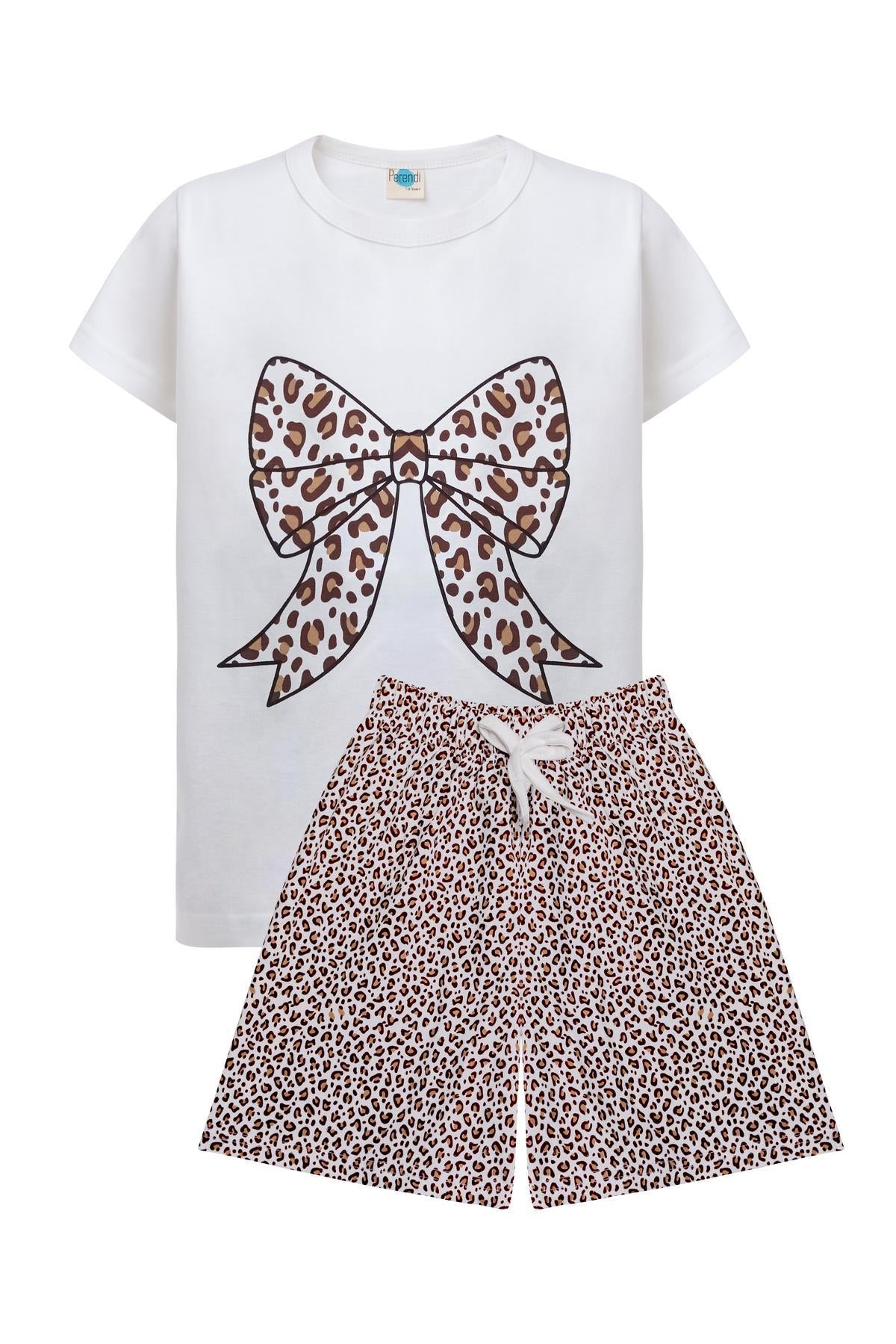 Kız Çocuk Leopar Desenli Fiyonk Baskılı Şortlu Takım