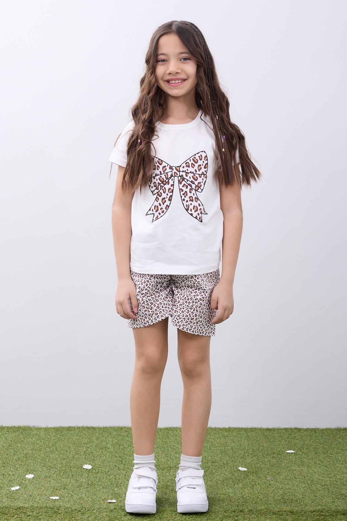 Leopar Desenli Fiyonk Baskılı Kız Çocuk Tişört ve Şort Takım Ekru-Kahverengi - Perendi