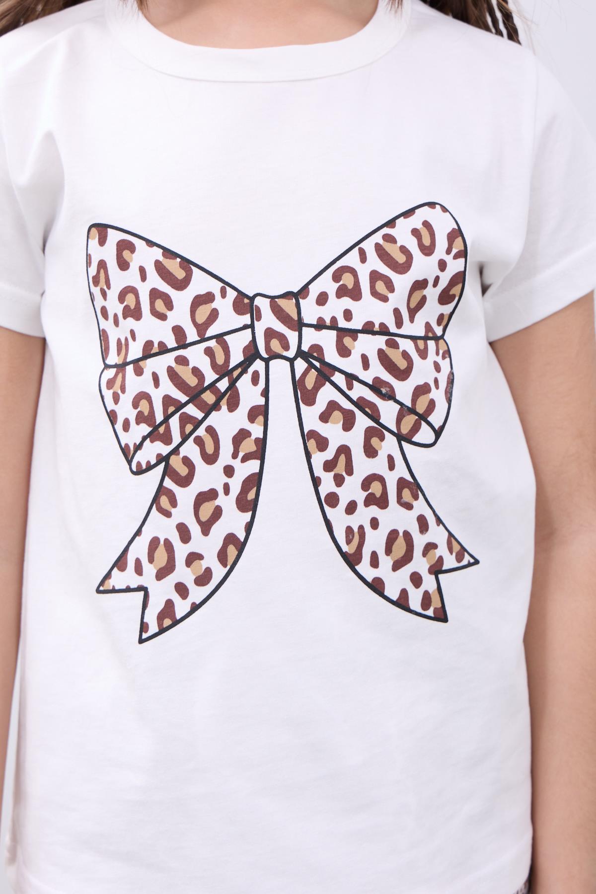 Leopar Desenli Fiyonk Baskılı Kız Çocuk Tişört ve Şort Takım Ekru-Kahverengi - Perendi