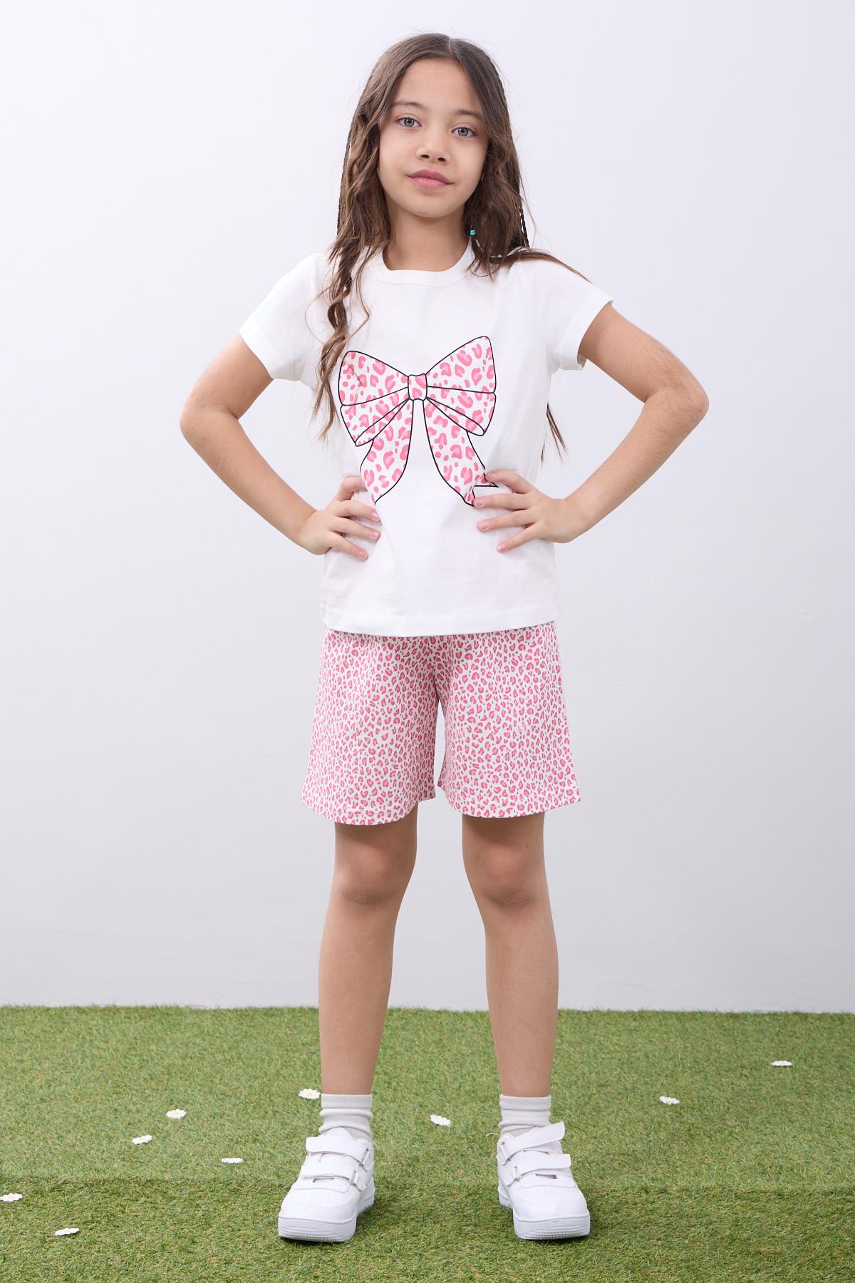 Leopar Desenli Fiyonk Baskılı Kız Çocuk Tişört ve Şort Takım Ekru-Pembe - Perendi