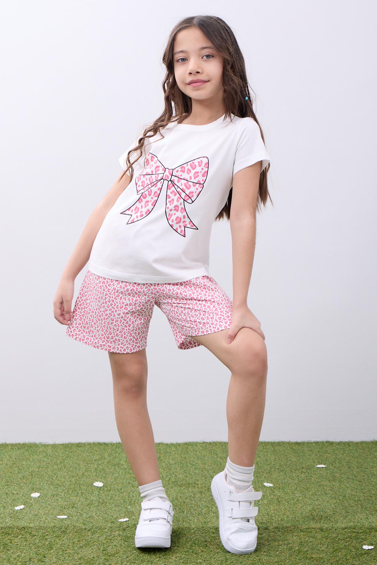 Leopar Desenli Fiyonk Baskılı Kız Çocuk Tişört ve Şort Takım Ekru-Pembe - Perendi