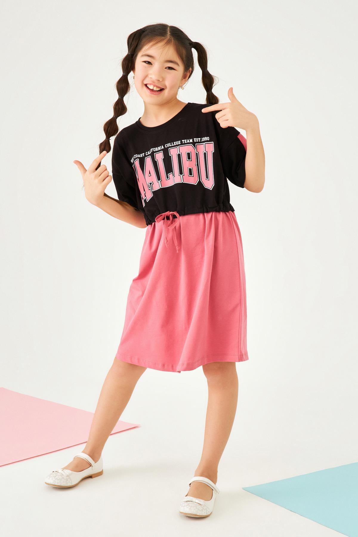 Malibu Baskılı Beli Kordon Büzgülü Düşük Kol Kız Çocuk Elbise