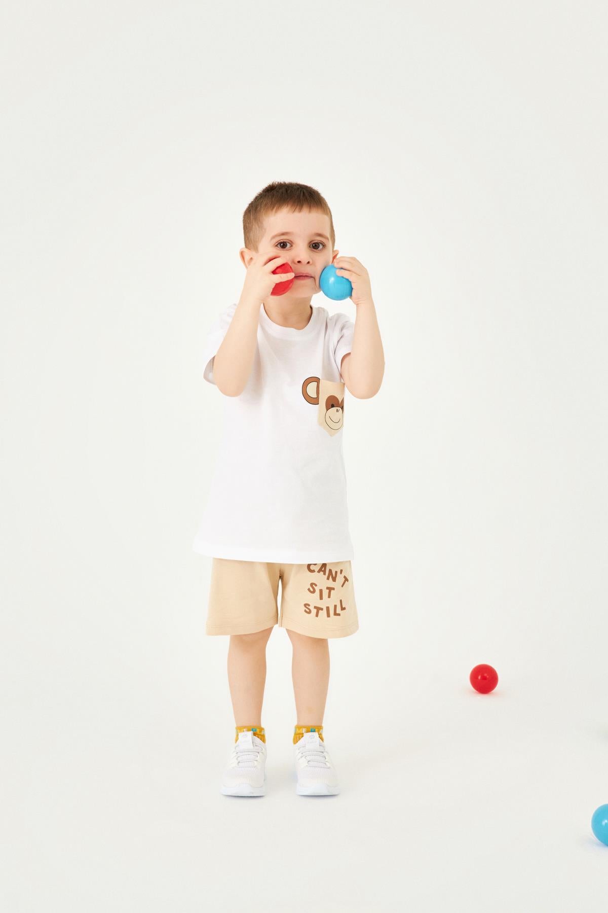 Maymun Cep Detaylı Şortlu Erkek Çocuk Takım