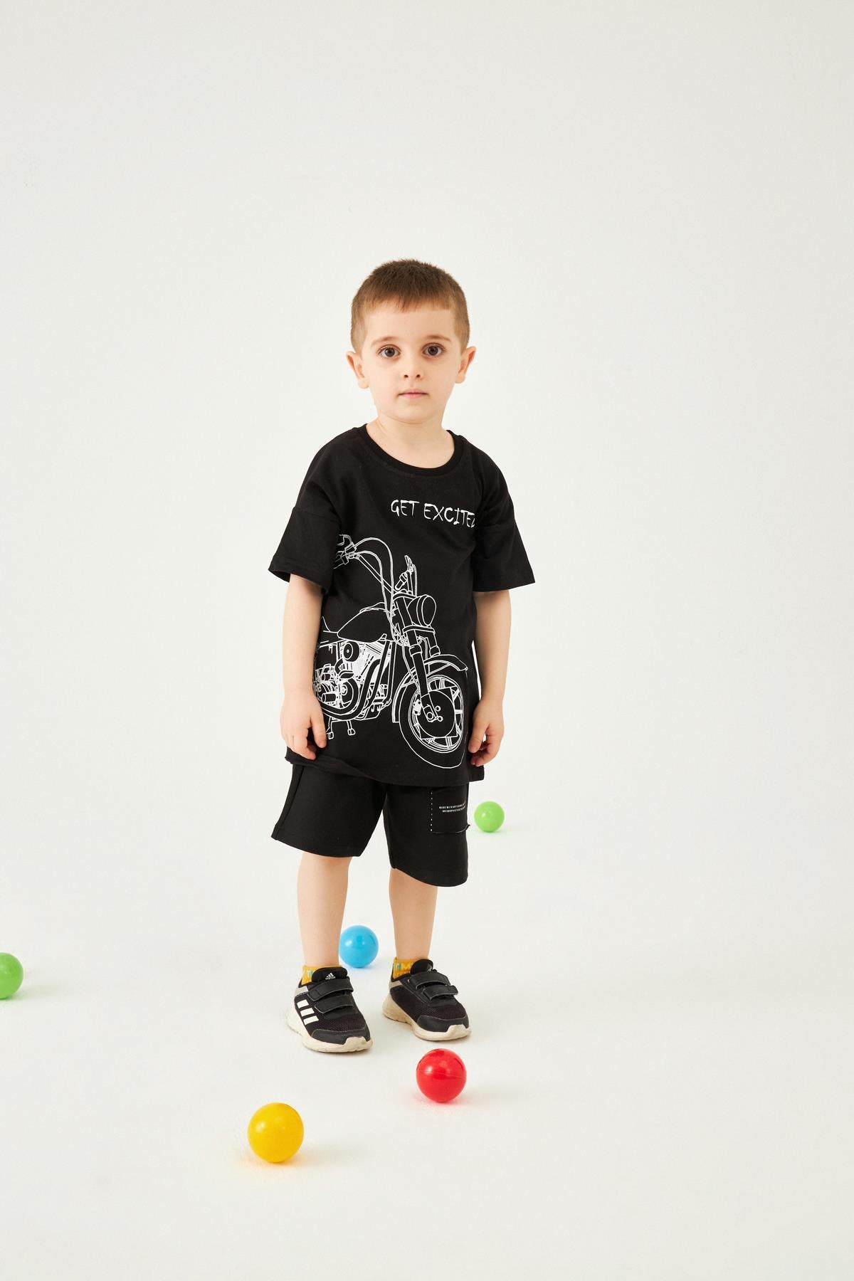 Motosiklet Baskılı Bisiklet Yaka Erkek Çocuk Tshirt