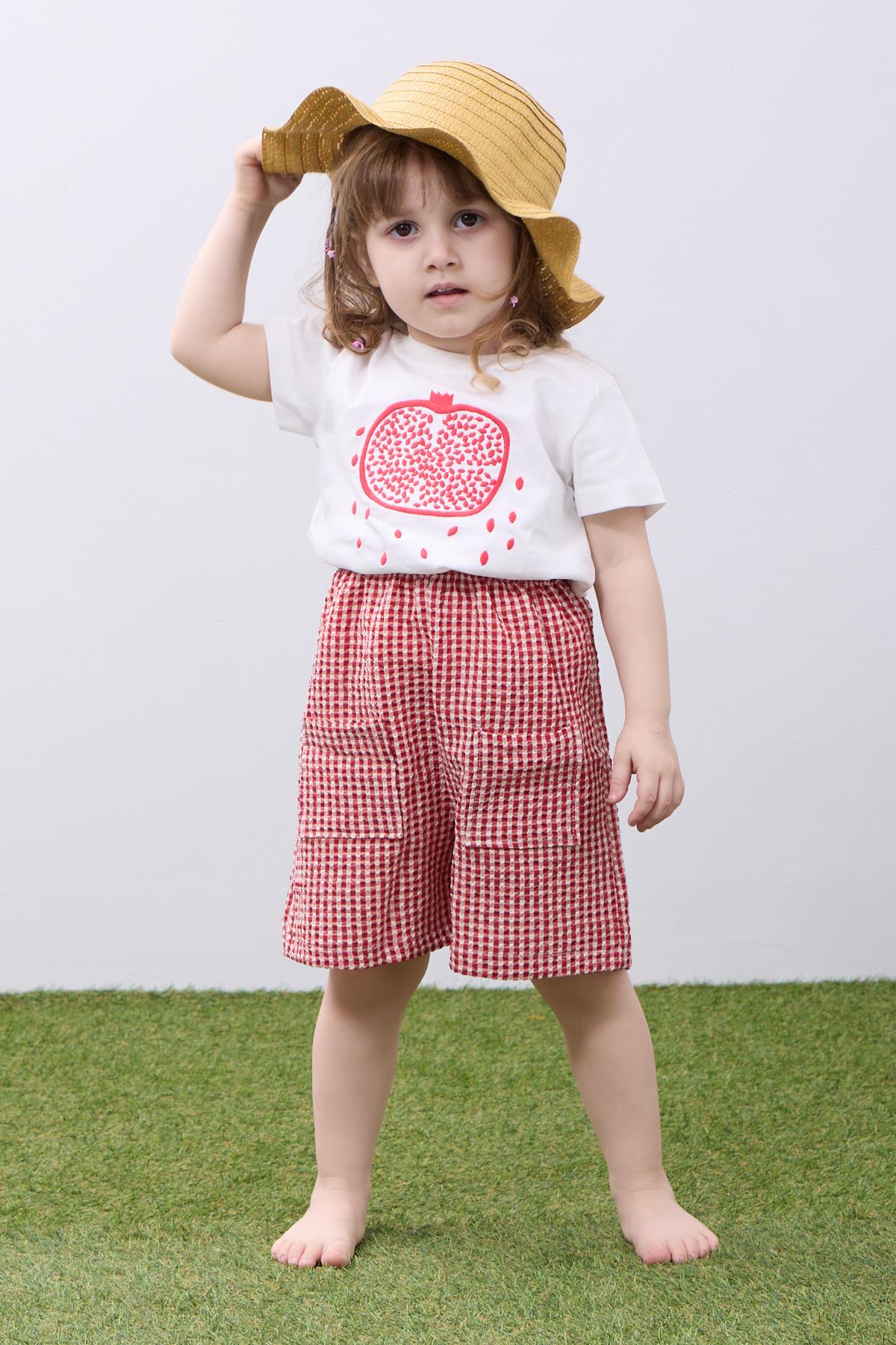 Nar Nakışlı Şortlu Kız Çocuk Takım Kırmızı - Perendi