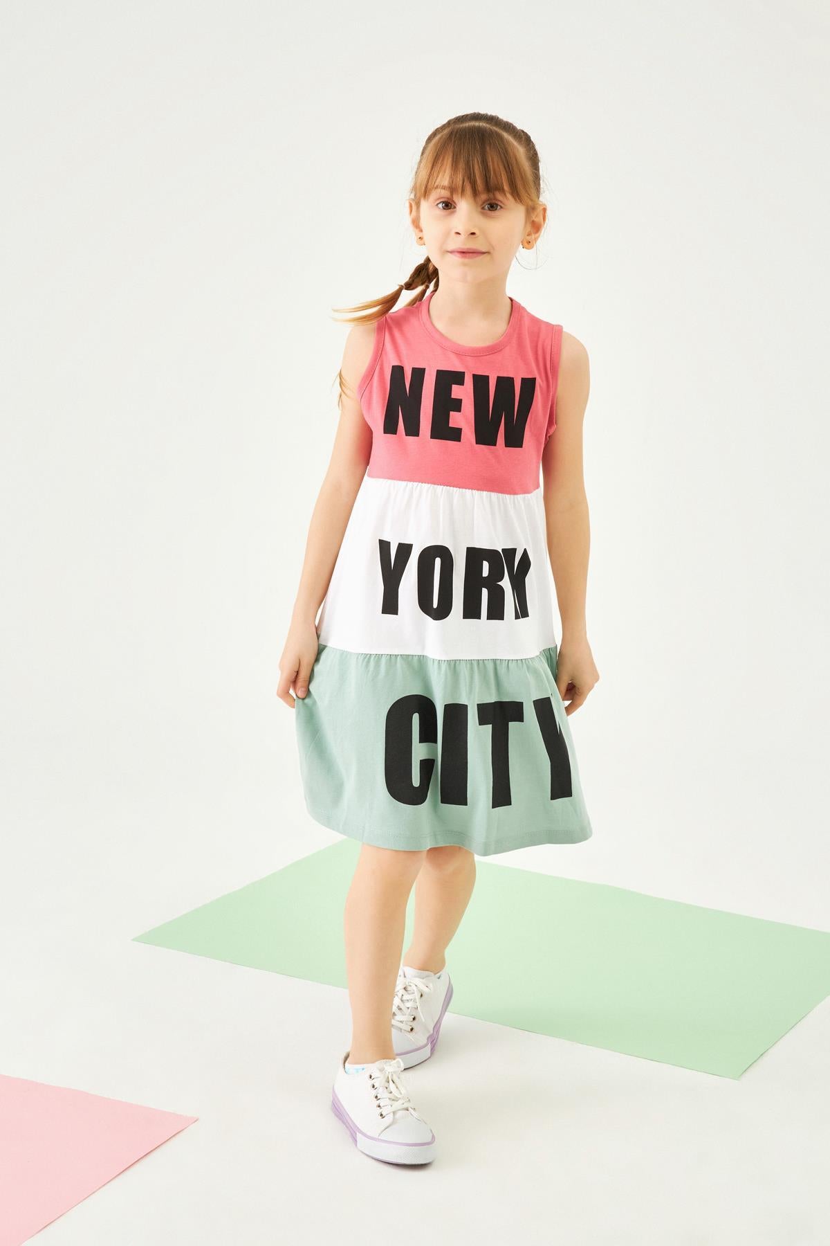 New York Baskılı Üç Parçalı Büzgülü Kız Çocuk Elbise