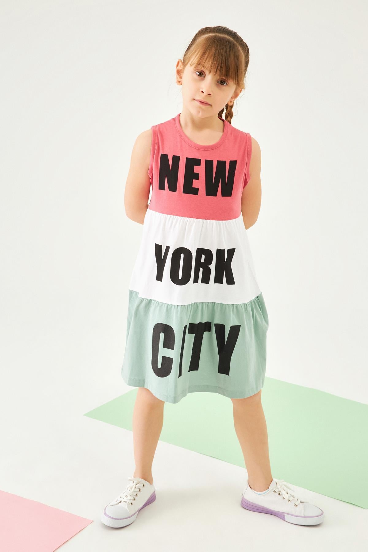 New York Baskılı Üç Parçalı Büzgülü Kız Çocuk Elbise