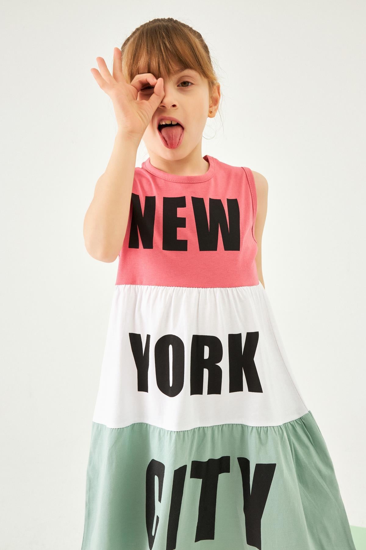 New York Baskılı Üç Parçalı Büzgülü Kız Çocuk Elbise