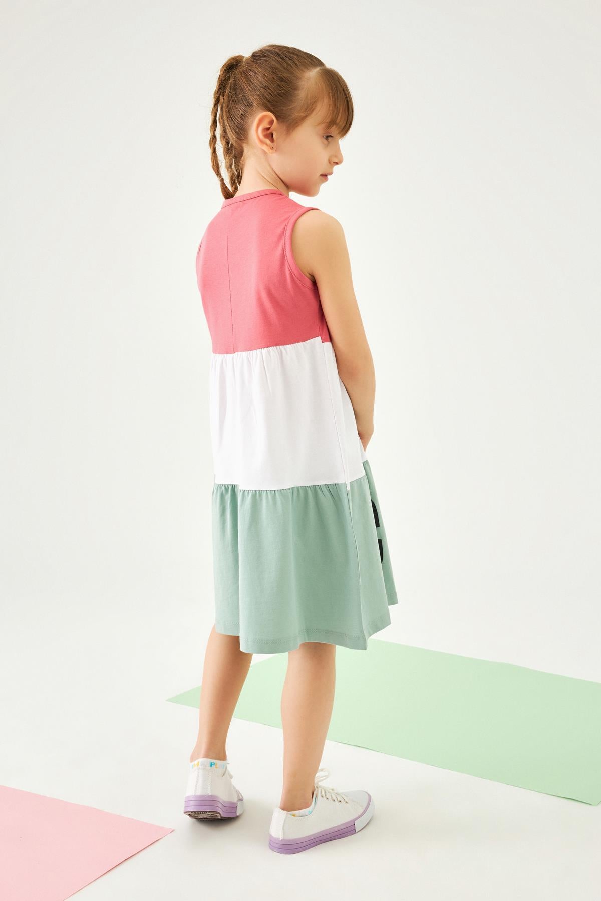 New York Baskılı Üç Parçalı Büzgülü Kız Çocuk Elbise