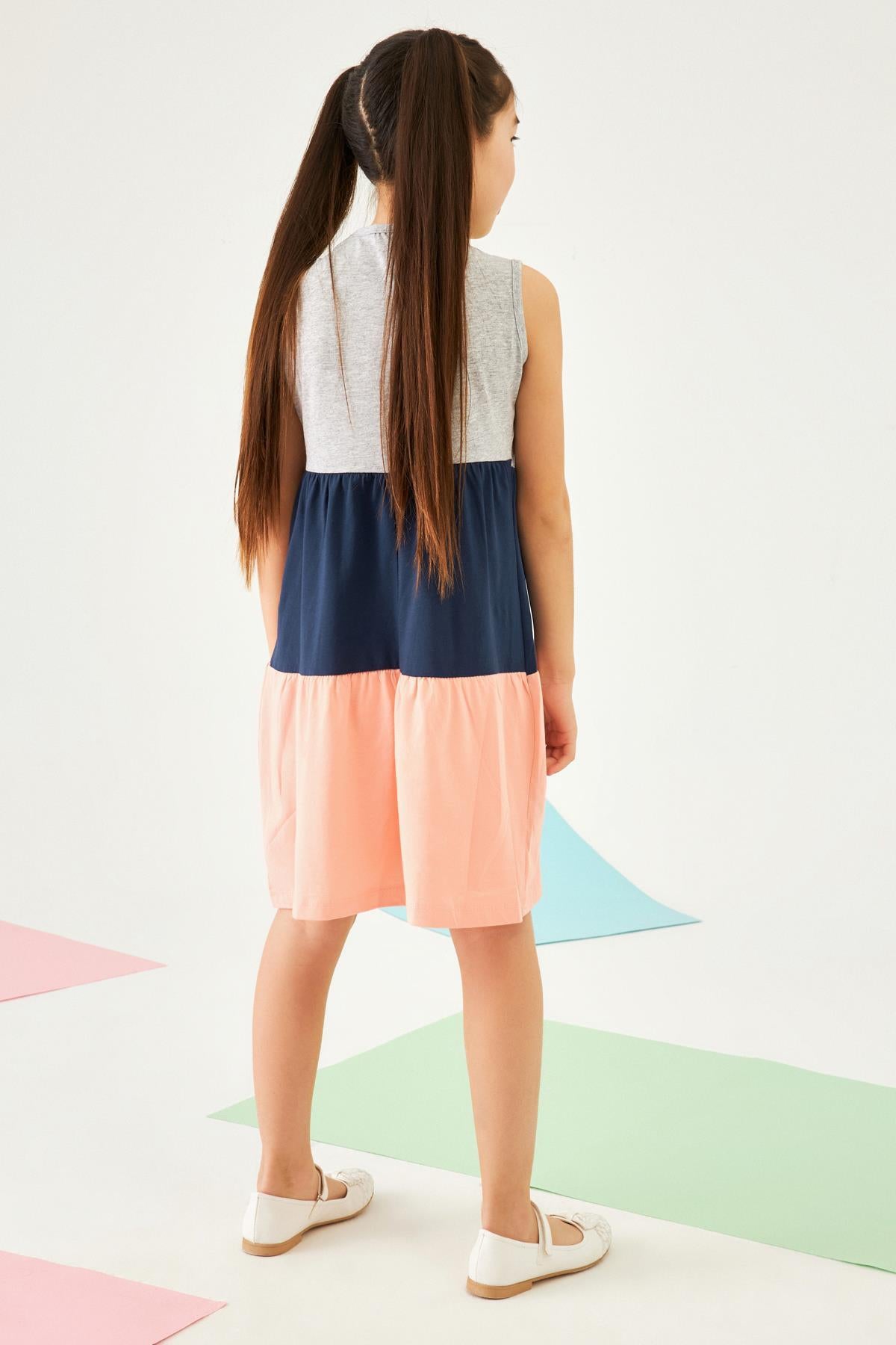 New York Baskılı Üç Parçalı Büzgülü Kız Çocuk Elbise