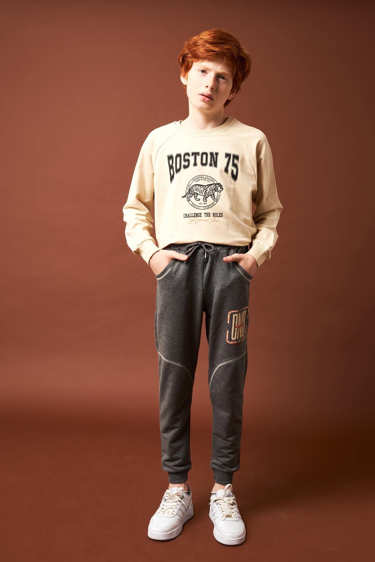 One Baskı Detaylı Erkek Çocuk Eşofman Altı Antrasit - Perendi