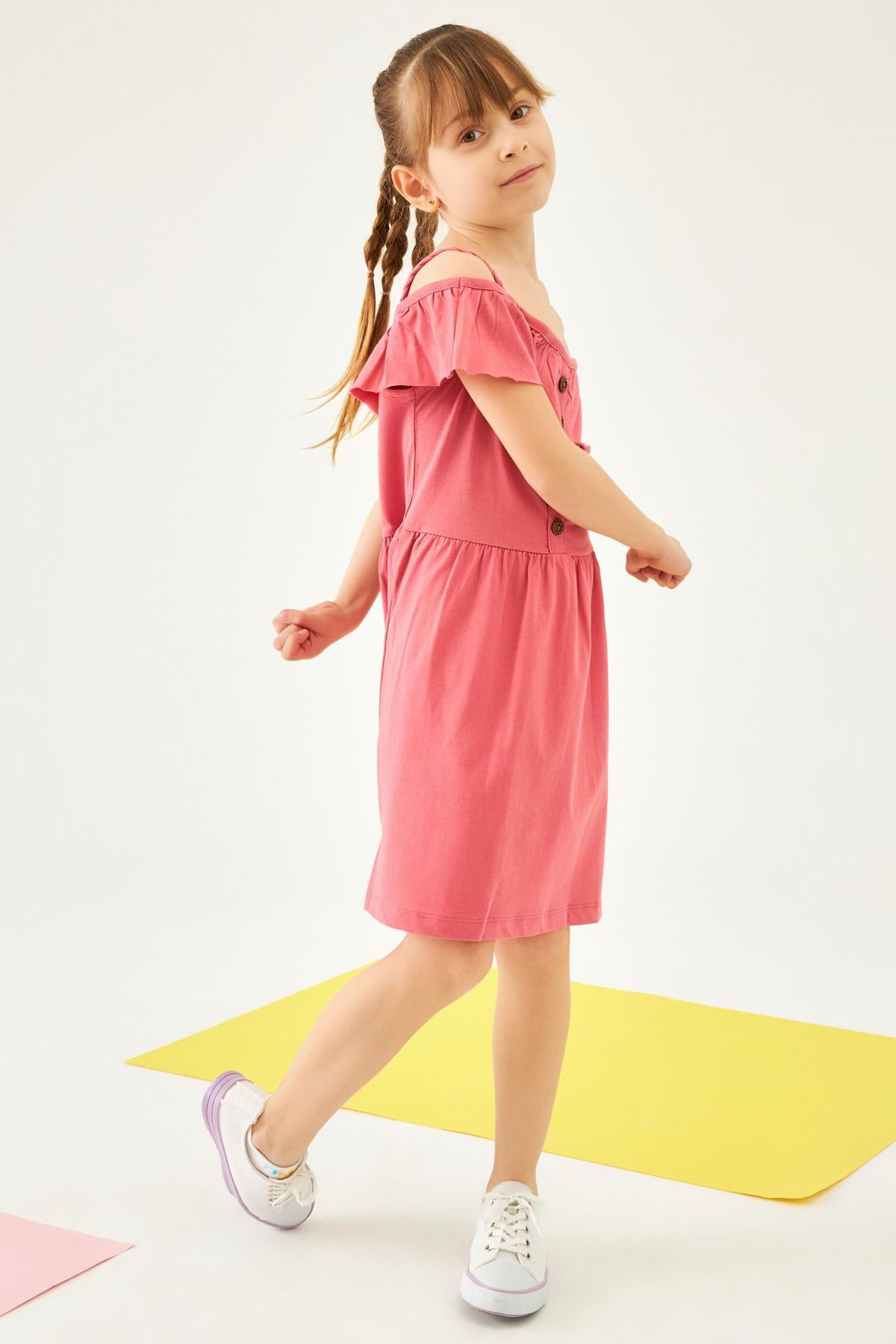 Örme Askılı Düğmeli Kız Çocuk Elbise
