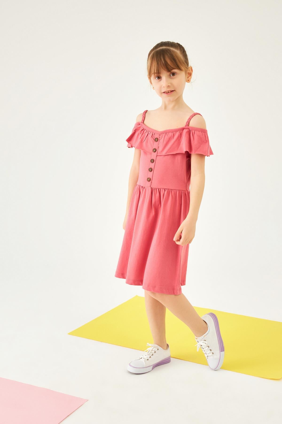 Örme Askılı Düğmeli Kız Çocuk Elbise