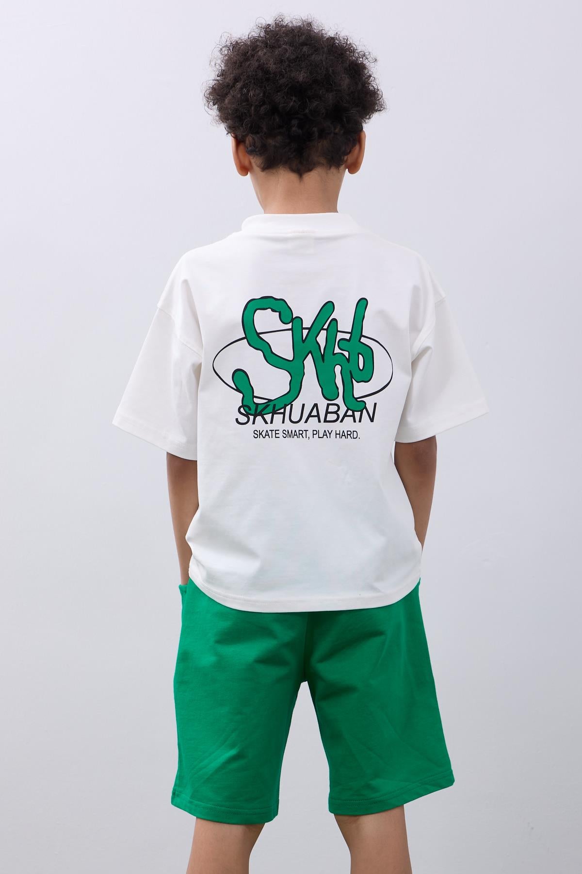 Oversize Erkek Çocuk Şort & Tişört Takım - Rahat ve Şık Ekru & Yeşil - Perendi
