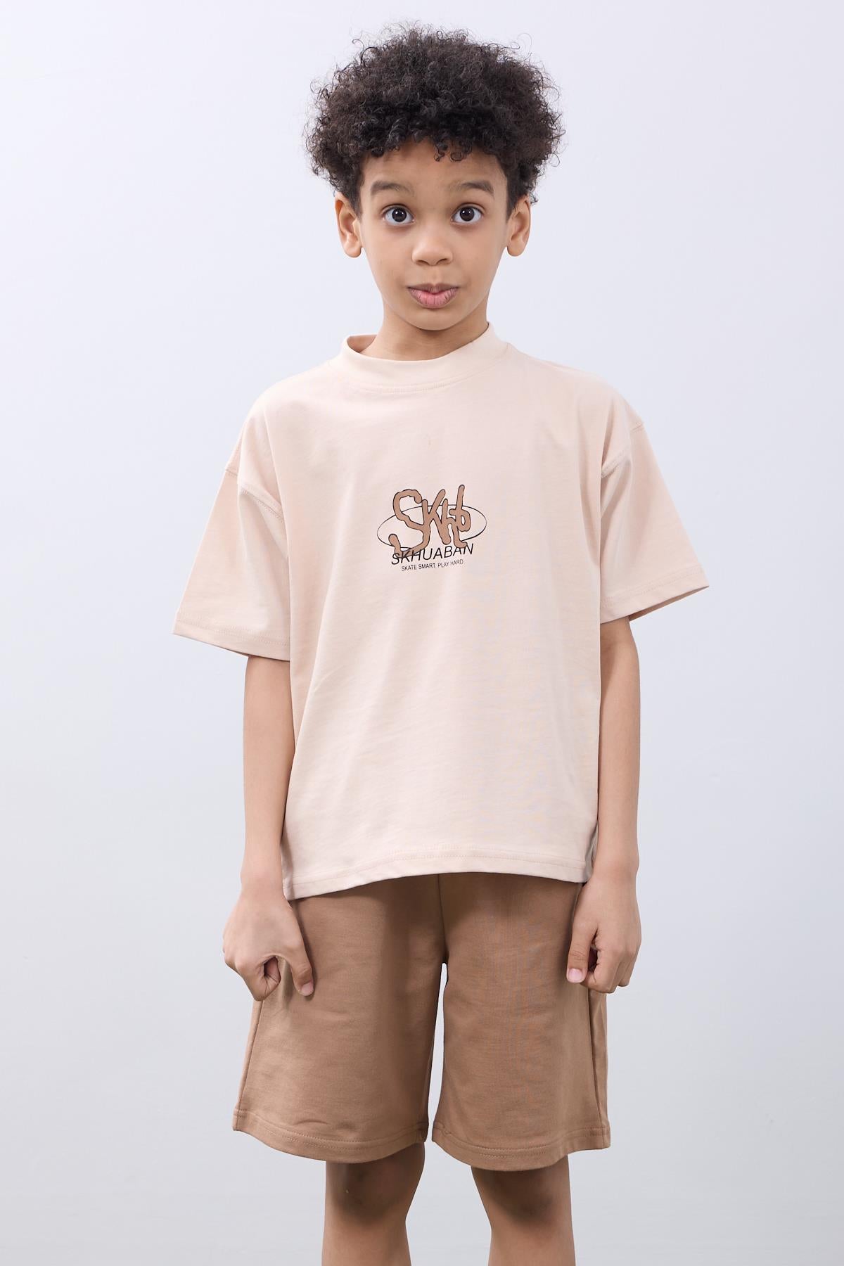 Oversize Erkek Çocuk Şort & Tişört Takım - Rahat ve Şık Taş & Kahverengi - Perendi