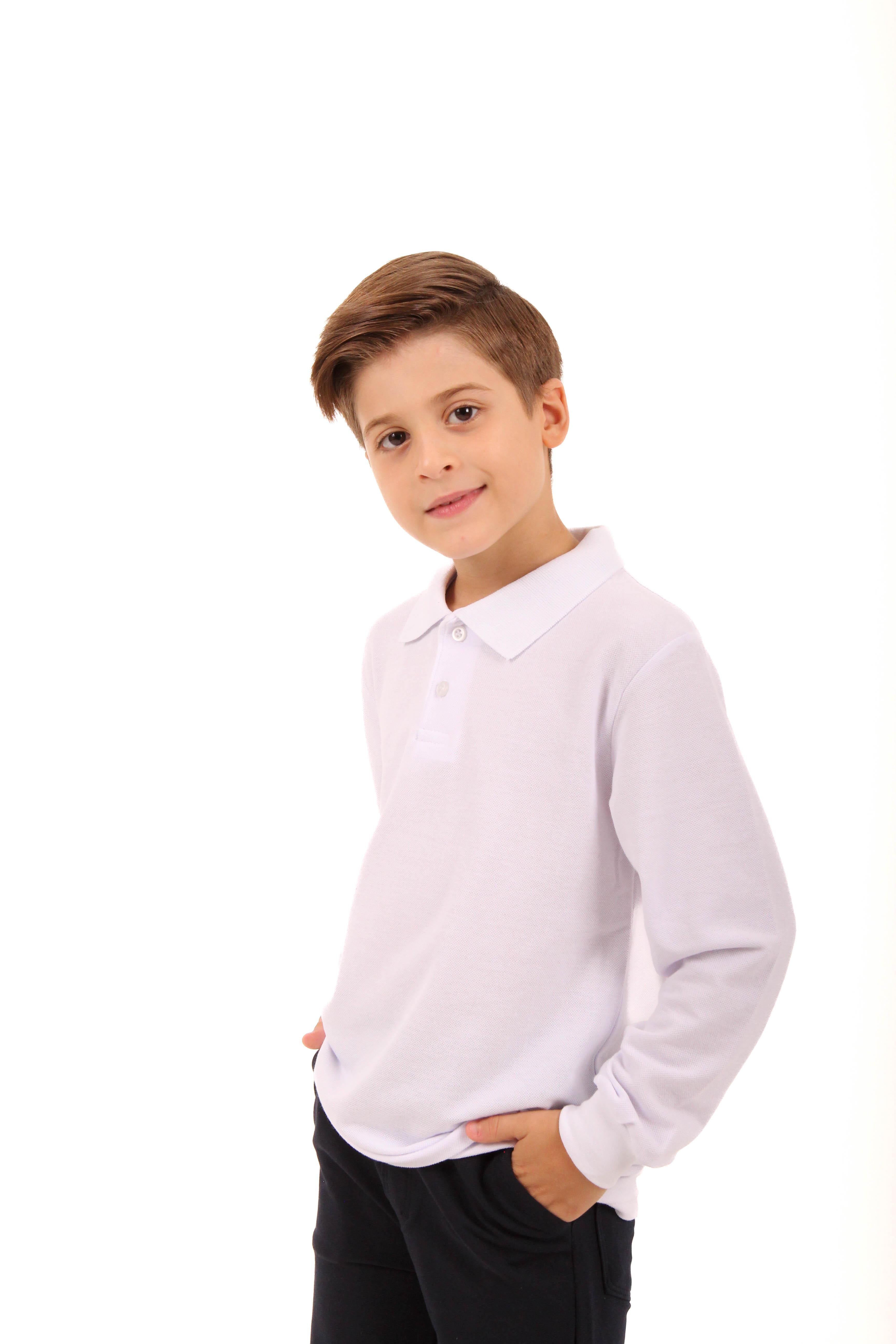 Polo Yaka Erkek Çocuk Uzun Kollu Sweatshirt Beyaz - Perendi