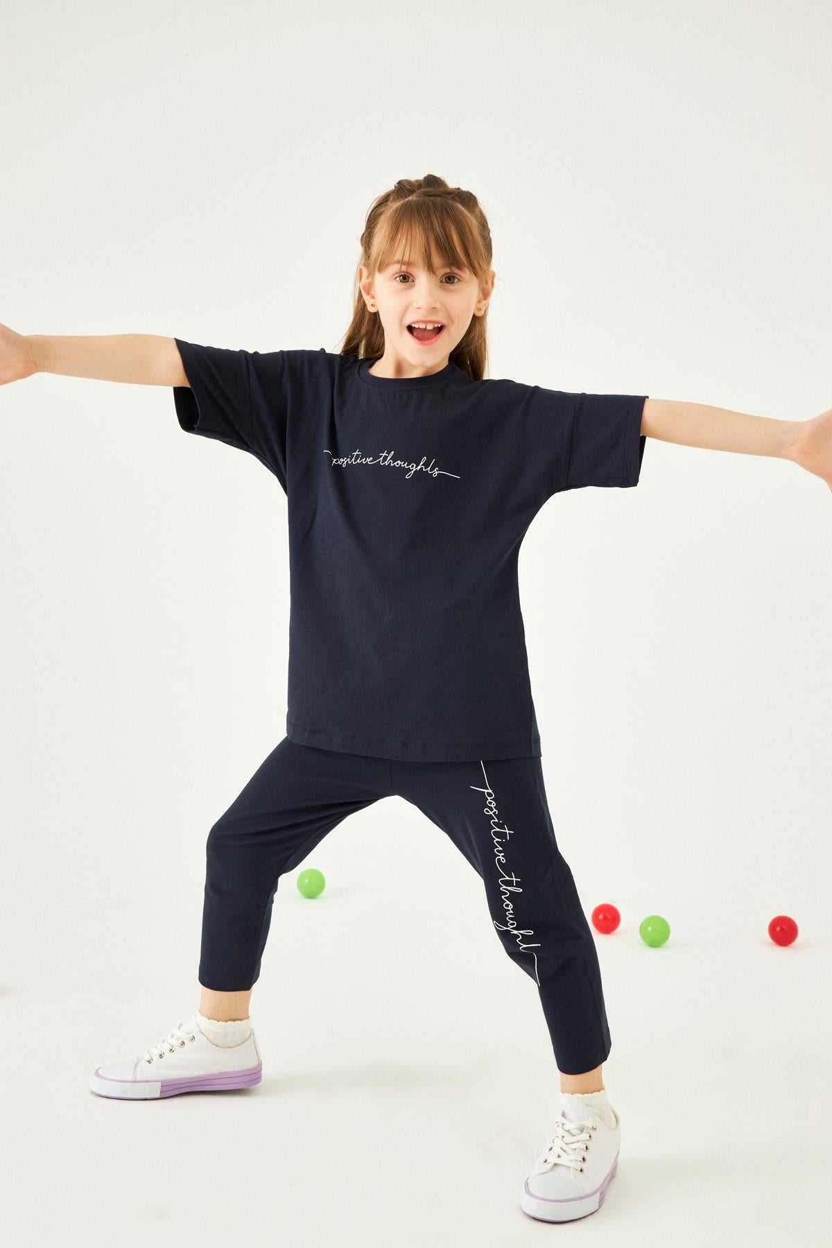 Positive Baskılı Basic Kız Çocuk Taytlı Takım Lacivert - Perendi