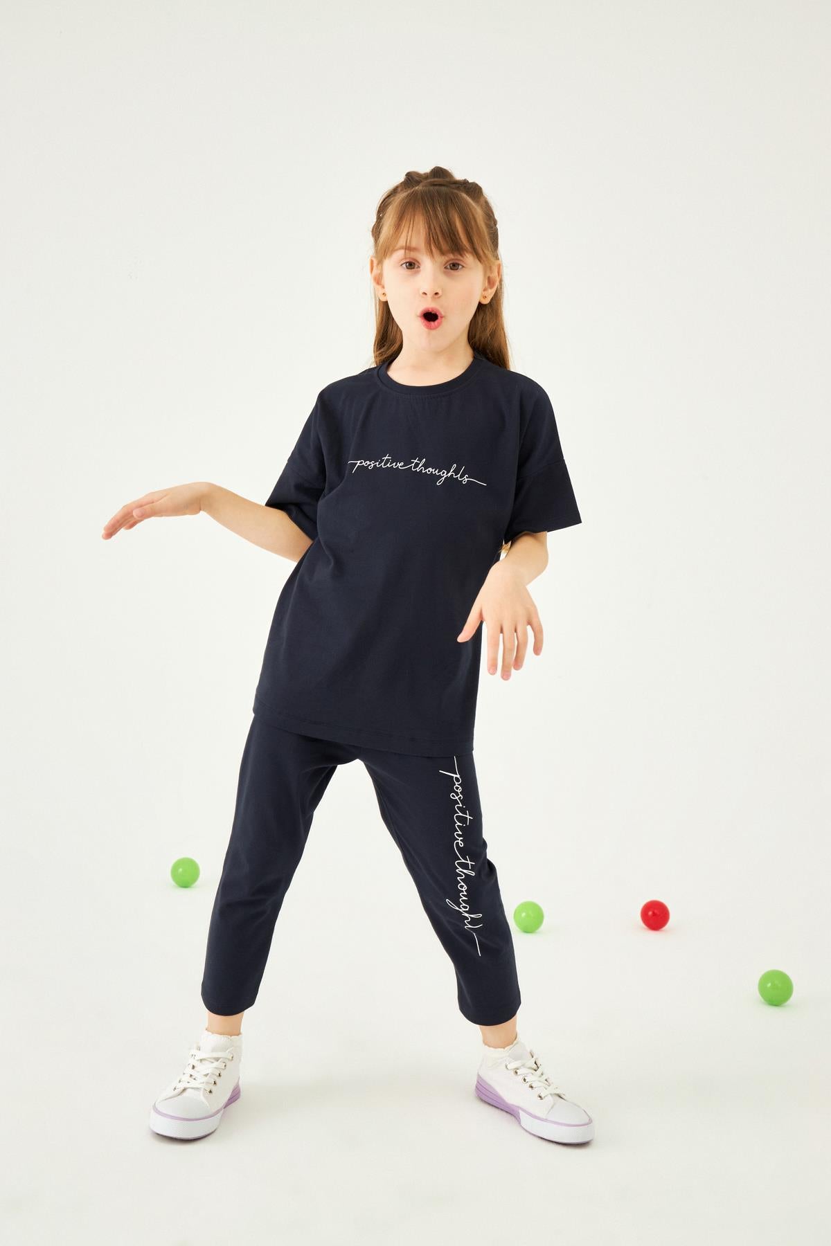 Positive Baskılı Basic Kız Çocuk Taytlı Takım Lacivert - Perendi